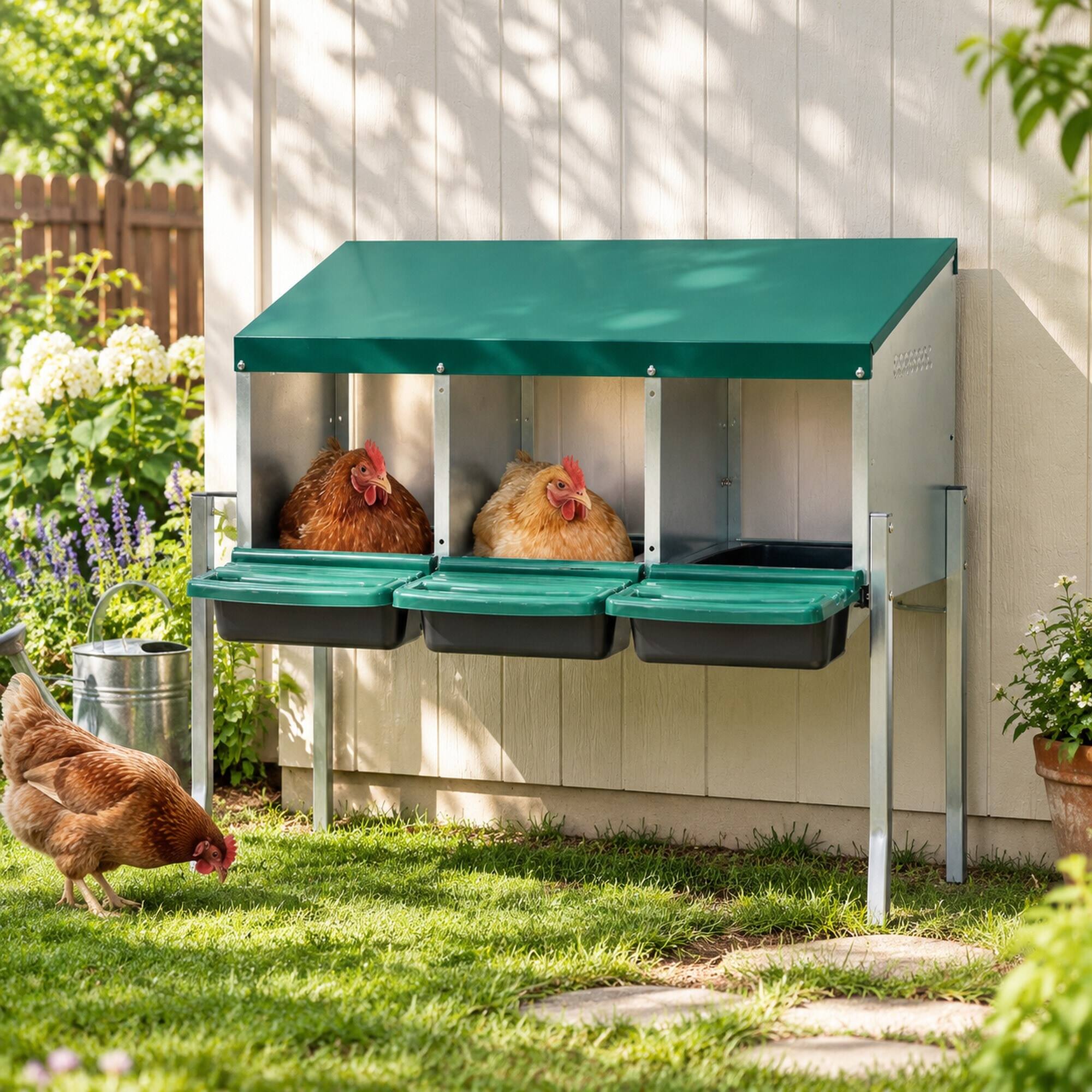 Alt View 1. RYHNUYNE - Chicken Nesting Boxes, 3 Compartment Laying Box, Galvanized Steel Frame, Roll-Away Egg Trays, Green.