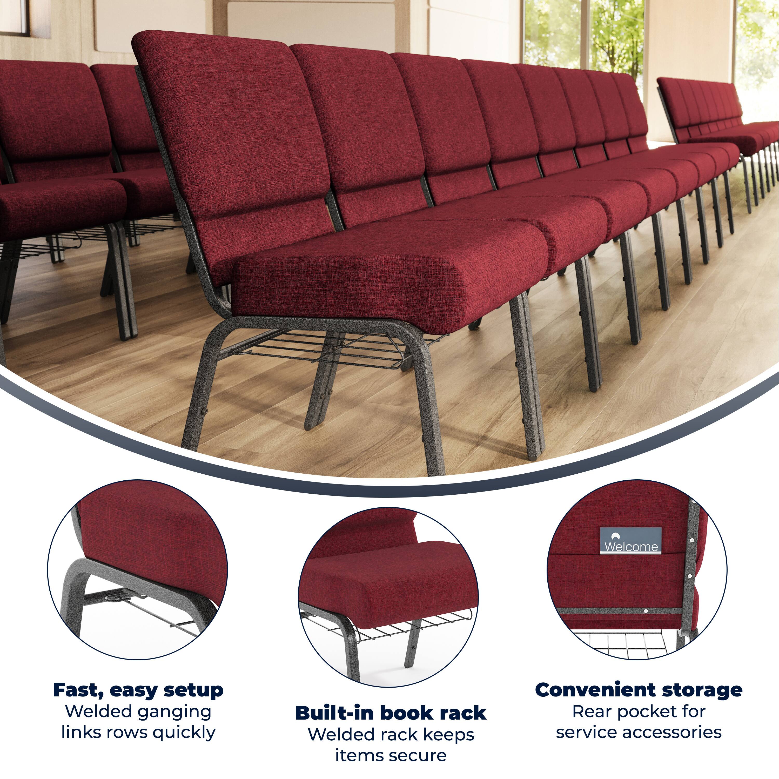 Welcome

Fast, easy setup
Welded ganging links rows quickly

Built-in book rack
Welded rack keeps items secure

Convenient storage
Rear pocket for service accessories