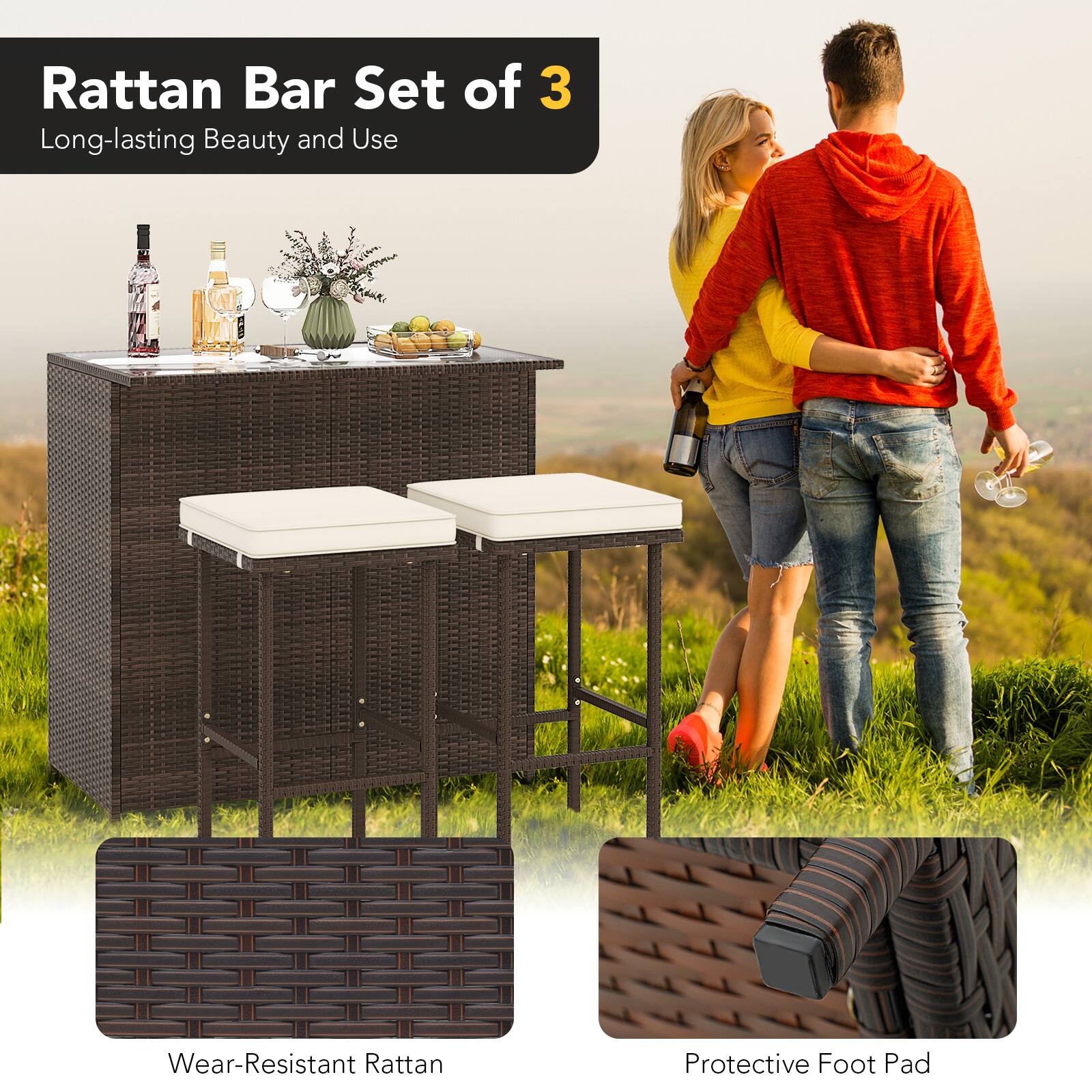 Rattan Bar Set of 3  
Long-lasting Beauty and Use  

Wear-Resistant Rattan  
Protective Foot Pad