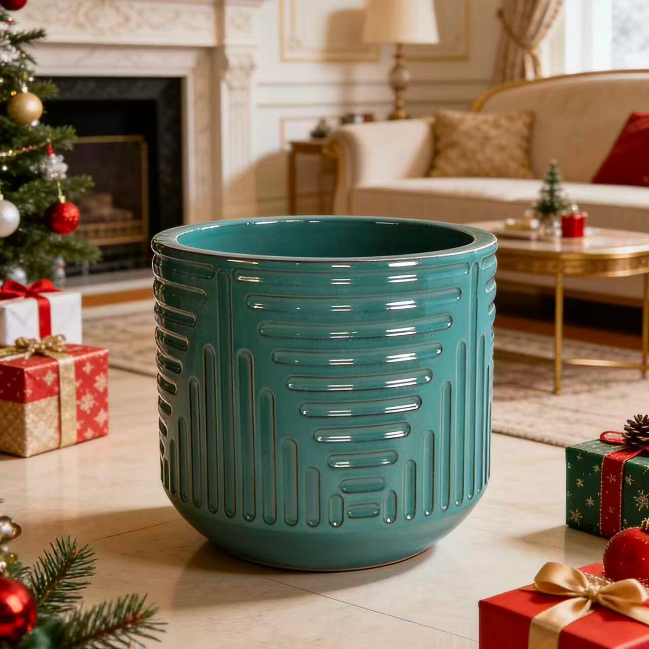 Back. Loheer - Ceramic Planter by Loheer, 16 Inch Handmade Teal Textured Plant Pot for Indoor Outdoor Monstera Fiddle Leaf Fig.