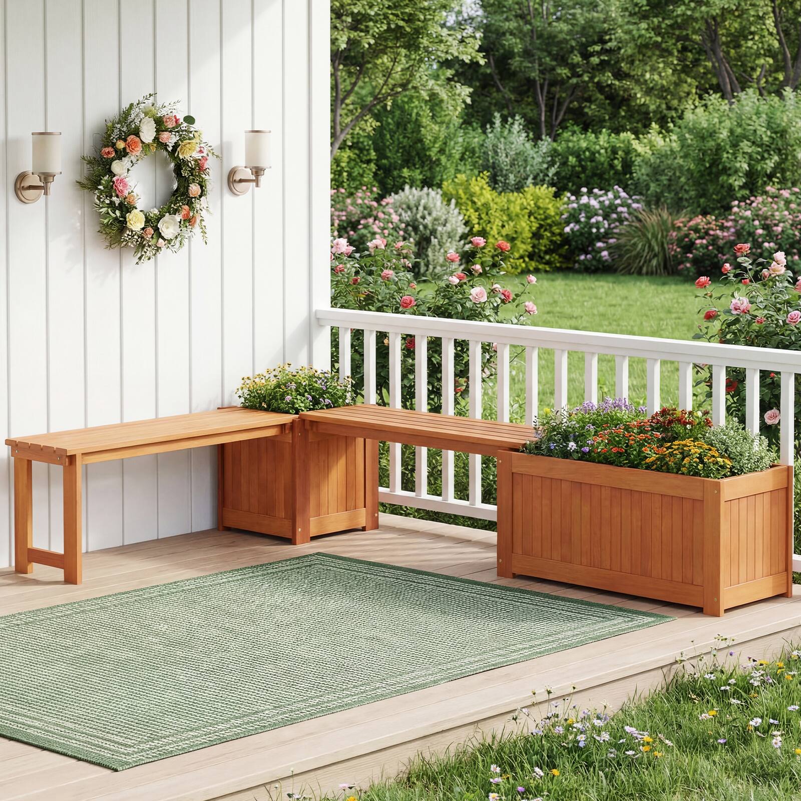 Alt View 3. Costway - Costway Wood Planter Box Set with Bench, Hardwood Planter Box, Teak Oil Finish for Garden - Natural.