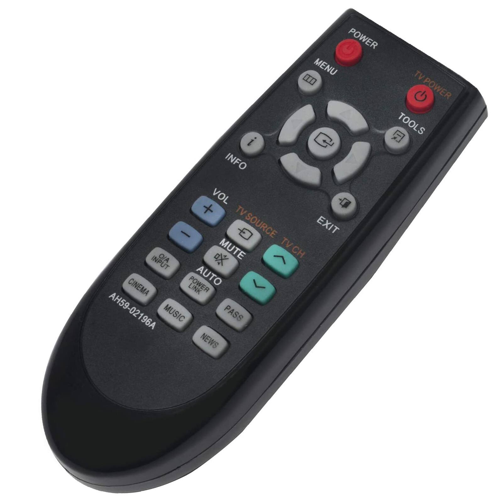 POWER MENU TV POWER TOOLS  
INFO VOL + TV SOURCE EXIT MUTE TV OA CH INPUT CINEMA POWER AUTO LINK AH59-02196A  
DX POWER LINK MUSIC PASS NEWS