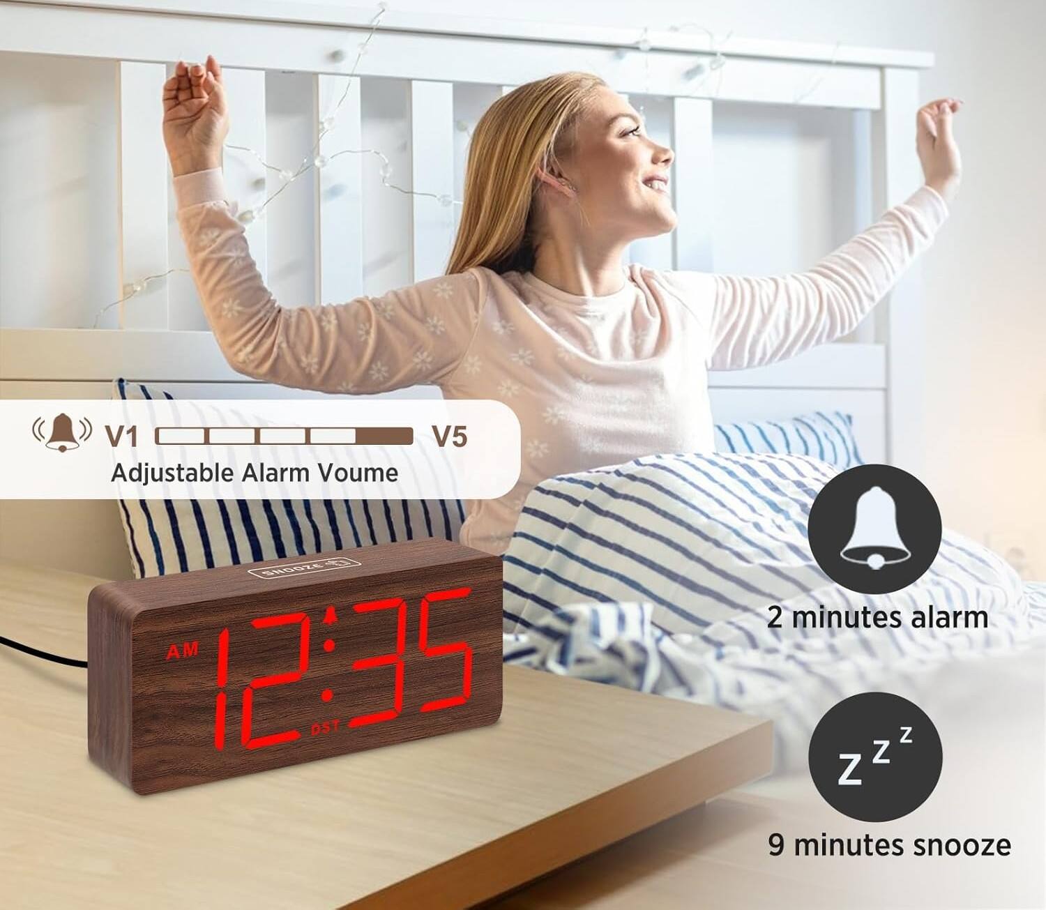 V1 V5 Adjustable Alarm Volume  
GROSZE AM 12:35 DST  
2 minutes alarm  
9 minutes snooze