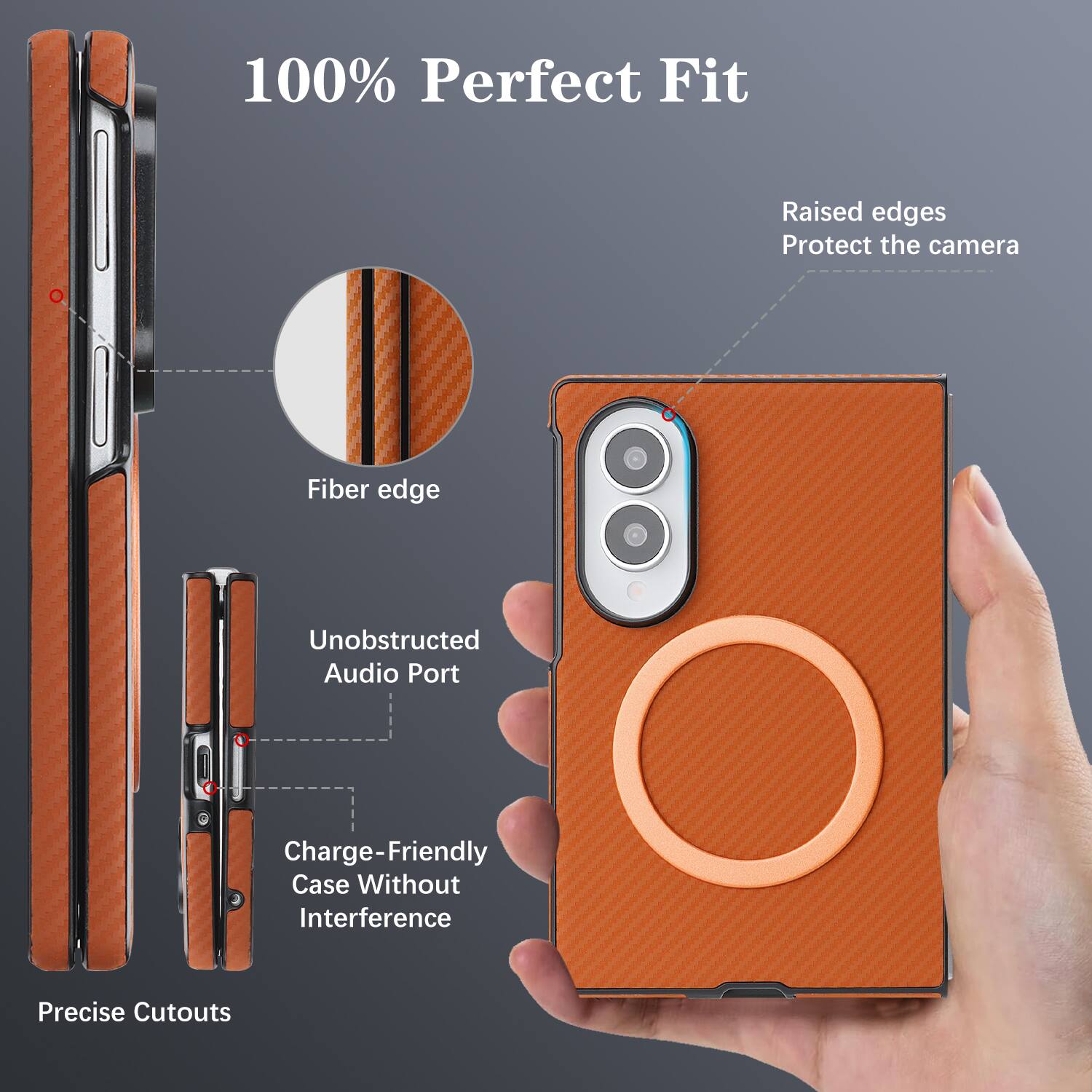 100% Perfect Fit  
Raised edges Protect the camera  
Fiber edge  
Unobstructed Audio Port  
Charge-Friendly Case Without Interference  
Precise Cutouts