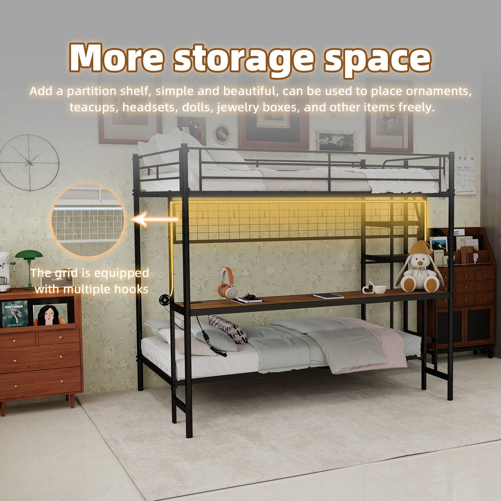 More storage space

Add a partition shelf, simple and beautiful, can be used to place ornaments, teacups, headsets, dolls, jewelry boxes, and other items freely.

The grid is equipped with multiple hooks