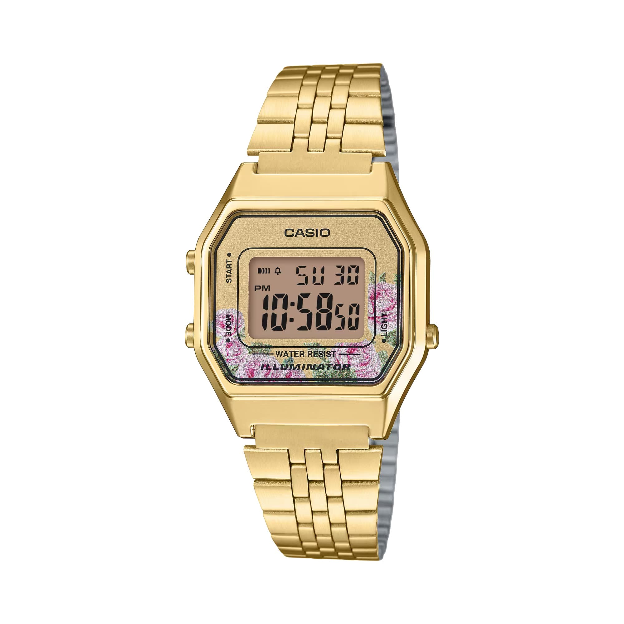 CASIO  
START D111  
5U 30 PM  
10:58:50  
50  
WATER RESIST  
ILLUMINATOR