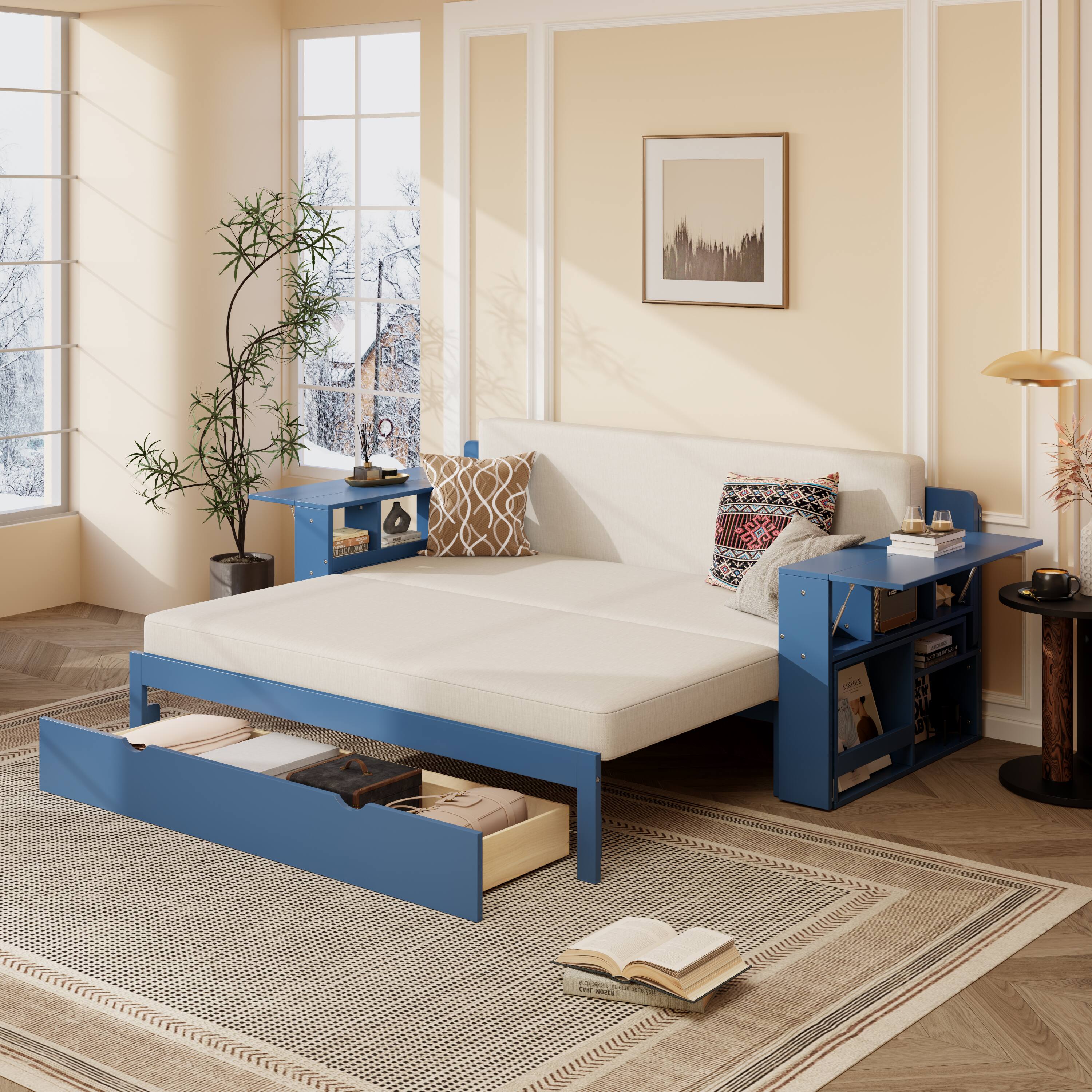 Left. Anysun - Queen Size Daybed with Removable Desk, Storage Drawers & Hydraulic Side Table - Blue.
