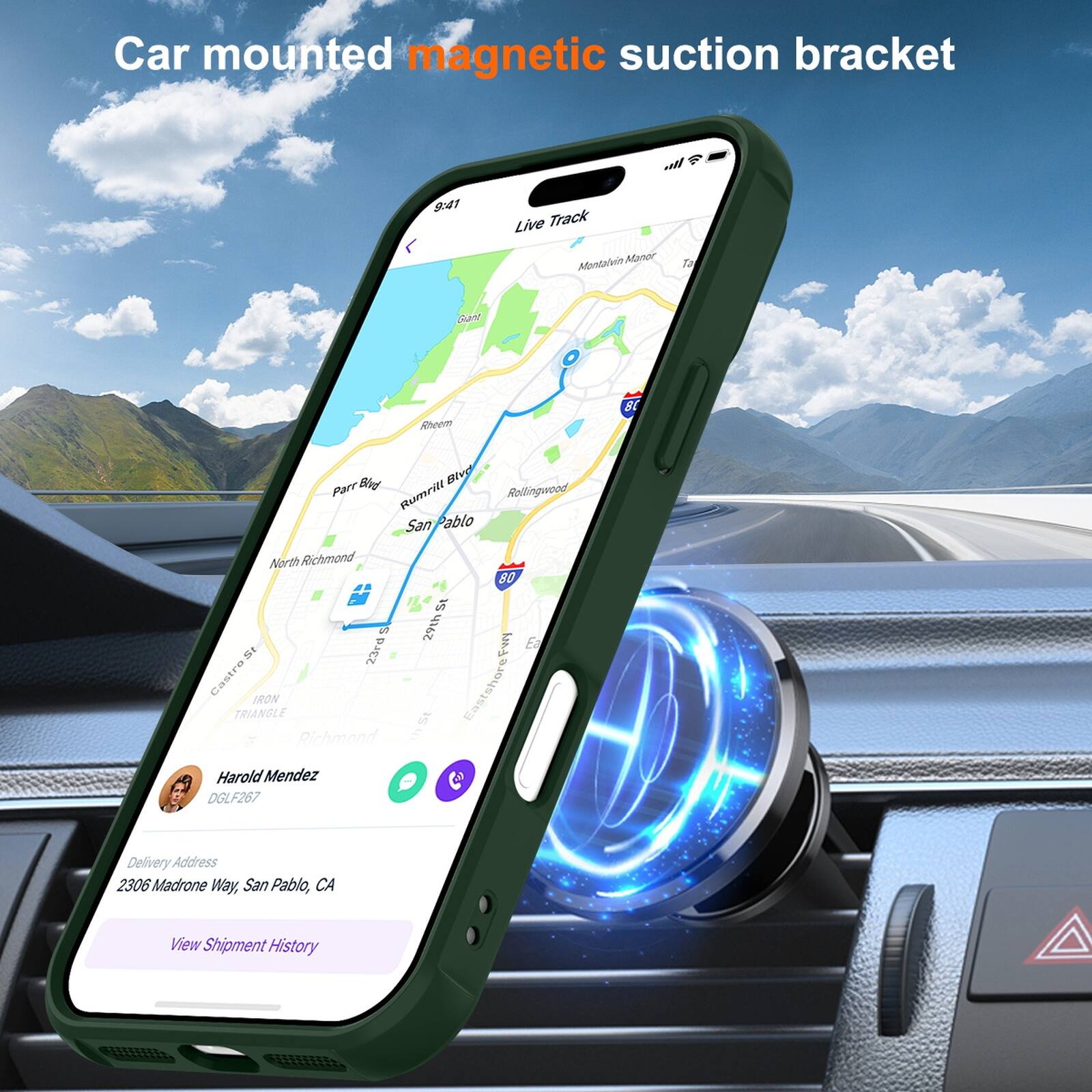 Car mounted magnetic suction bracket

9:41 Live Track

Manor Montalin Ta a Rhcem 8 Bld Bivd Parr Rumrill San Pablo Rollingweed Alarth Richmand af 23rd Castro IRON TRIANGLE / Richmond 80 St 291 E Fw & St Eastshore

Harold Mendez DGLF267

Delivery Address: 2306 Madrone Way, San Pablo, CA

View Shipment History
