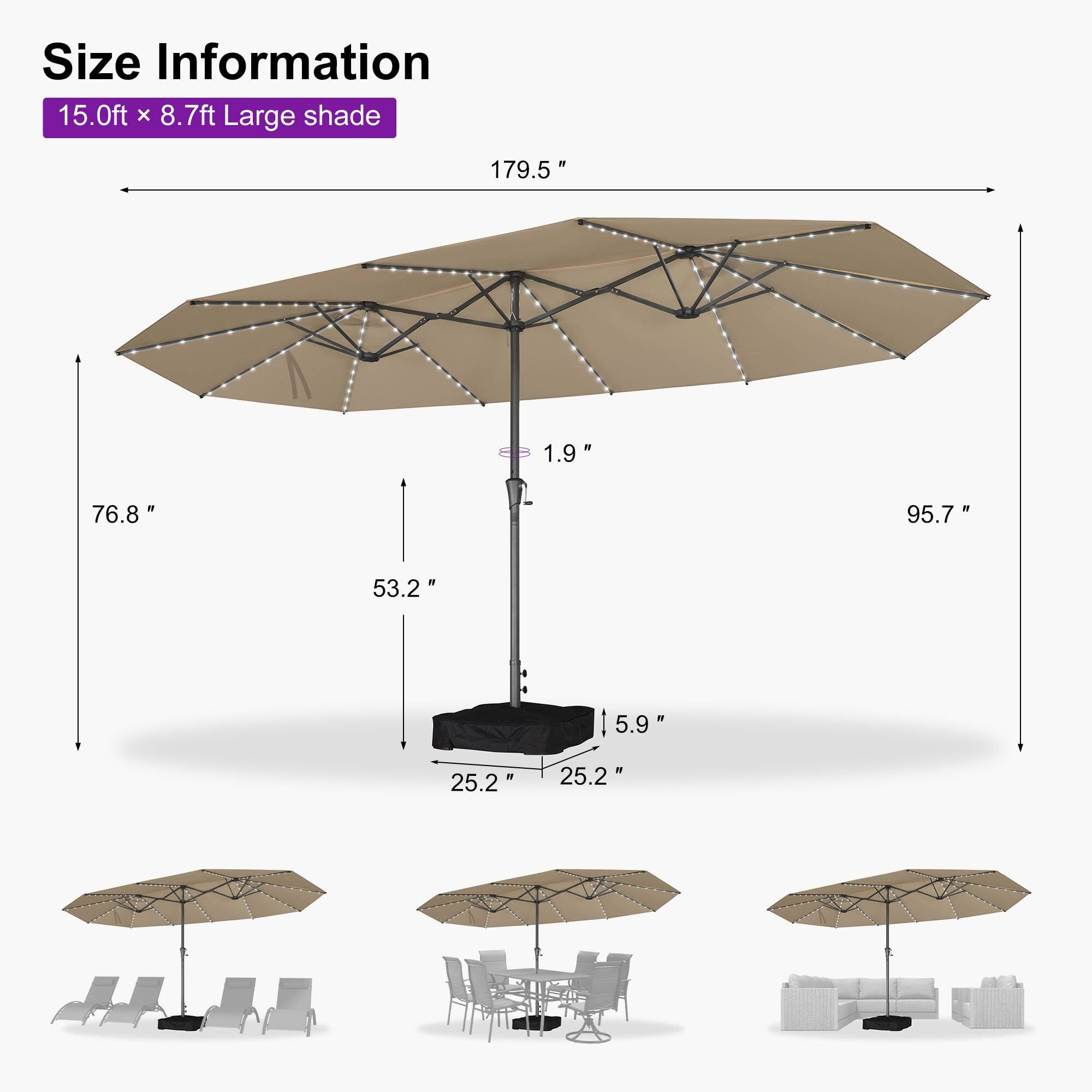 Size Information  
15.0ft x 8.7ft Large shade  

- 179.5"  
- 76.8"  
- 95.7"  
- 53.2"  
- 1.9"  
- 5.9"  
- 25.2"  
- 25.2"