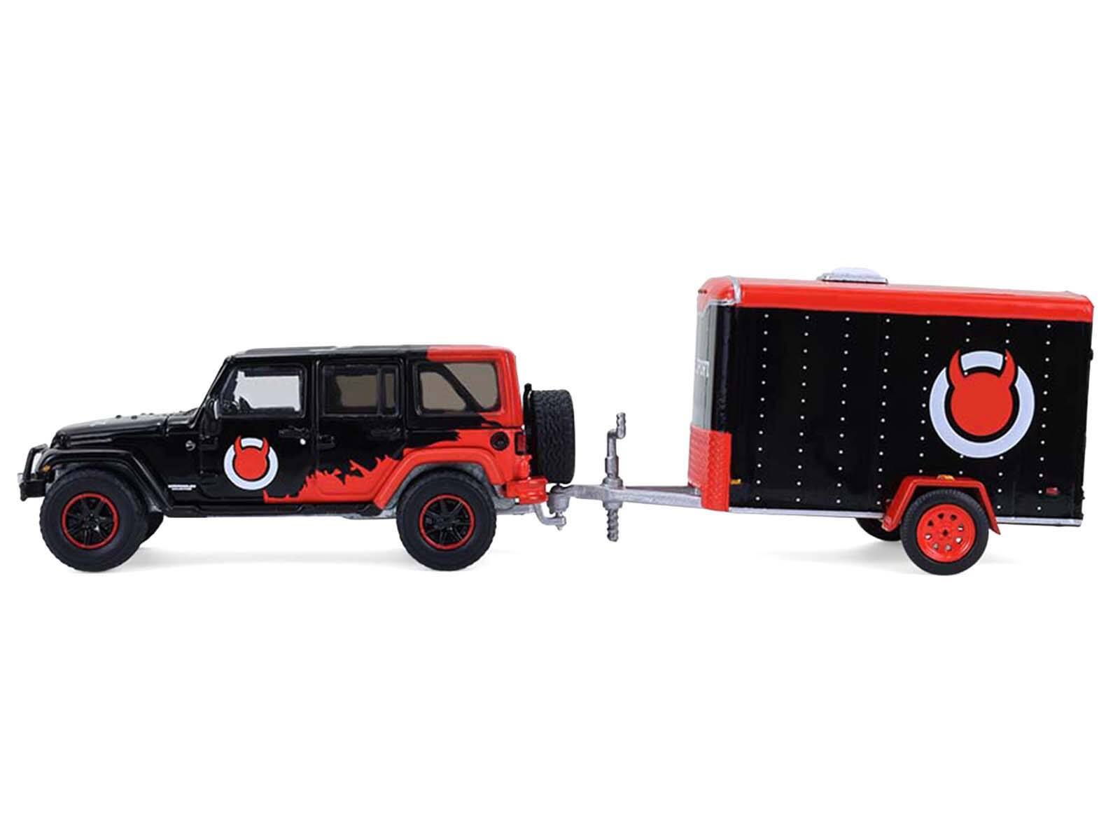 Alt View 2. Greenlight - 2012 Jeep Wrangler Unlimited "Diablo Sport" Black with Red Graphics & Small Cargo Trailer 1/64 Model Cars by Greenlight.