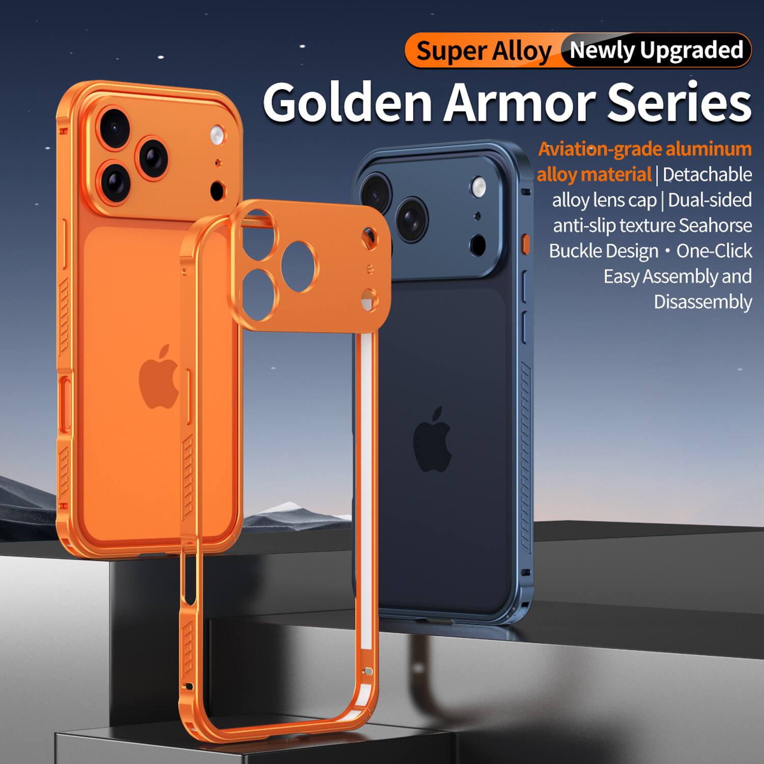 Super Alloy Newly Upgraded Golden Armor Series  
Aviation-grade aluminum alloy material | Detachable alloy lens cap | Dual-sided anti-slip texture Seahorse Buckle Design | One-Click Easy Assembly and Disassembly