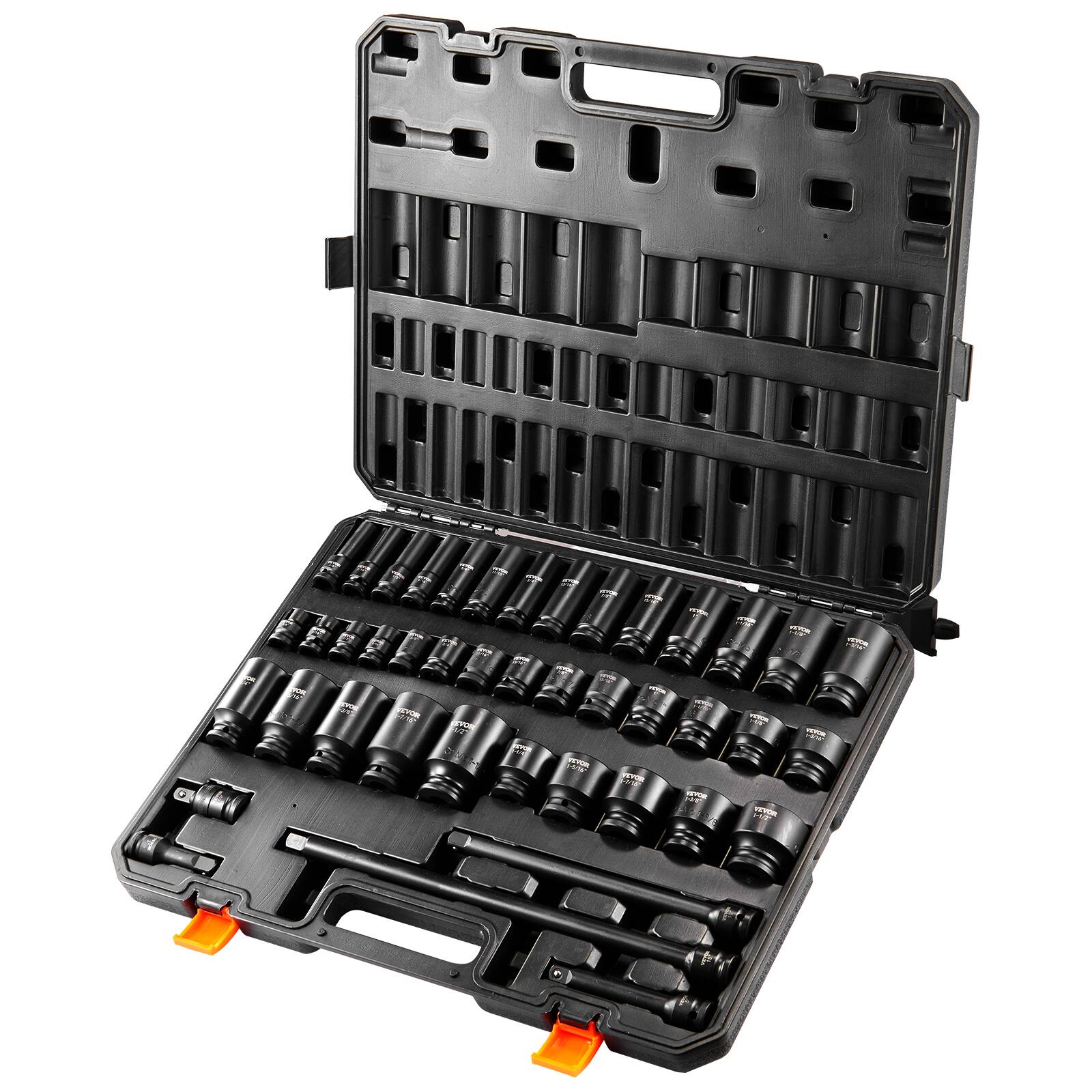 Alt View 5. VEVOR - 1/2" Drive Impact Socket Set, 43 Piece Deep & Shallow Socket Set SAE 3/8" to 1-1/2", 6 Point Cr-Mo Alloy Steel - Black.