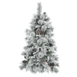 BreeBe - 4FT Pre-Lit Spruce Snow Flocked Christmas Tree with Pine Cones - White, Green