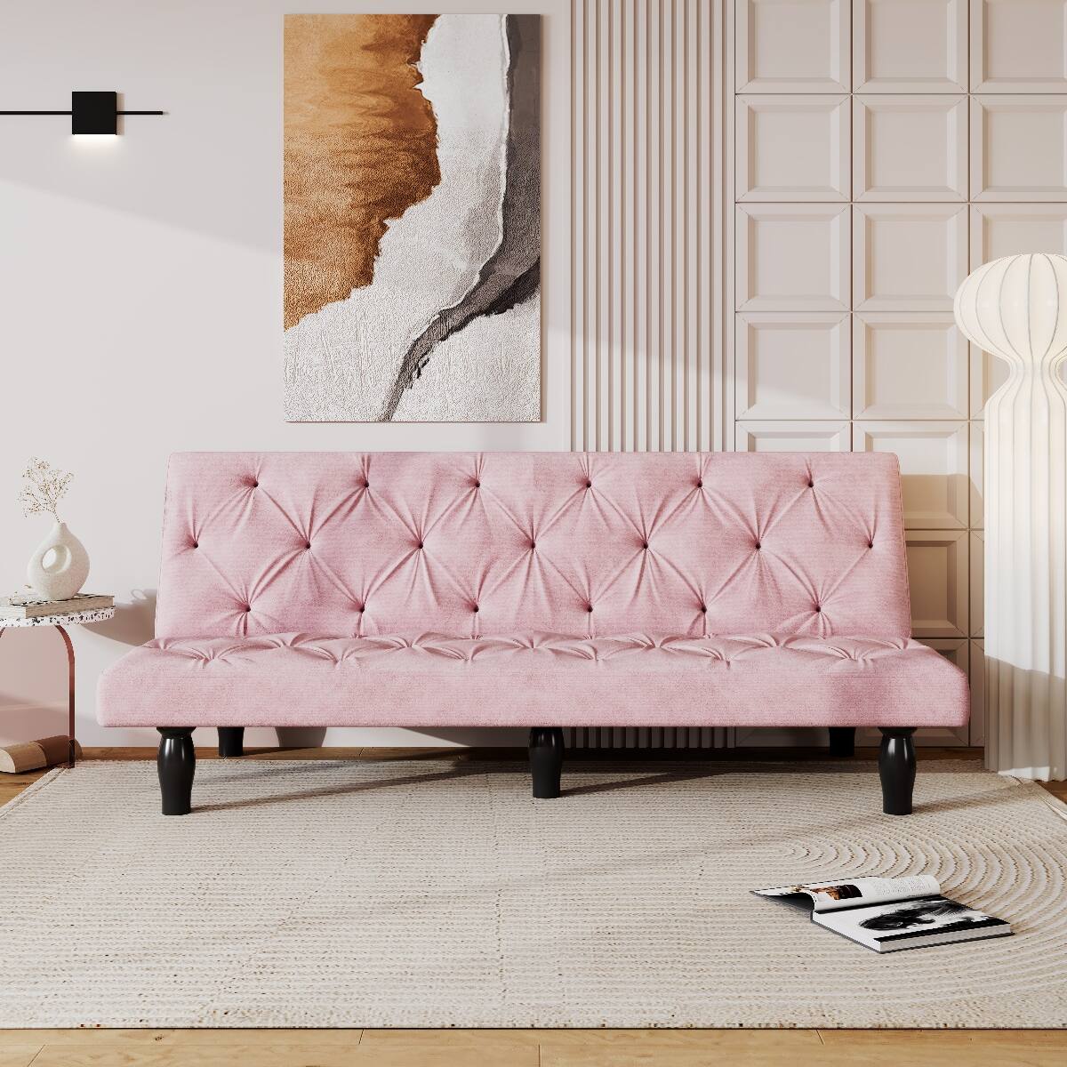 Left. Ropilly - Ropilly 66 Inch Pink Velvet Sofa Bed Convertible Futon Sofa Bed with Adjustable Backrest - Pink.