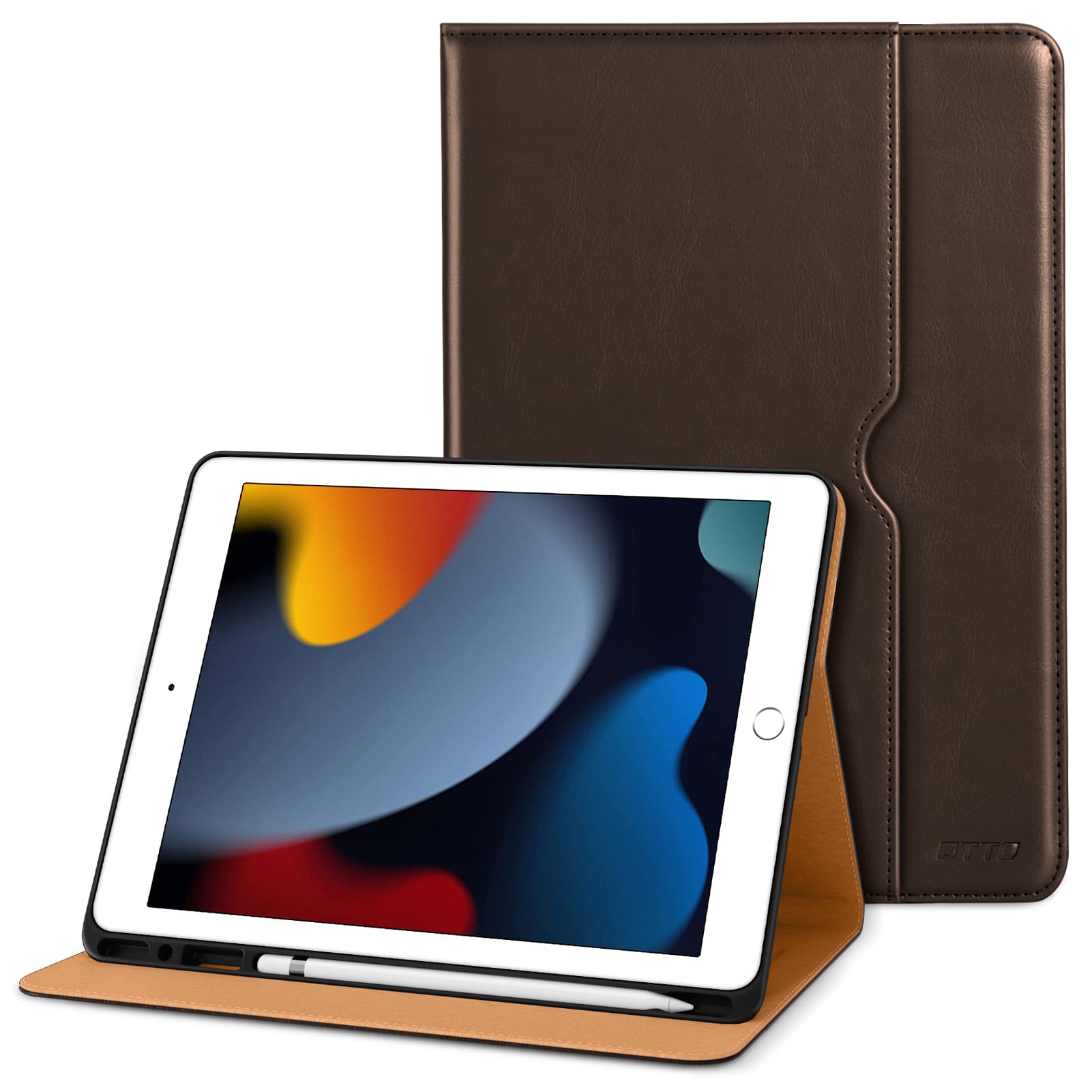 Front. DTTO - ​Case for iPad 9th/8th/7th Generation 10.2 Inch 2021/2020/2019, Premium Leather Folio Stand - Auto Wake/Sleep - Brownish.