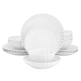Elama - Jane 16 Piece Scalloped Double Bowl Porcelain Dinnerware Set - White
