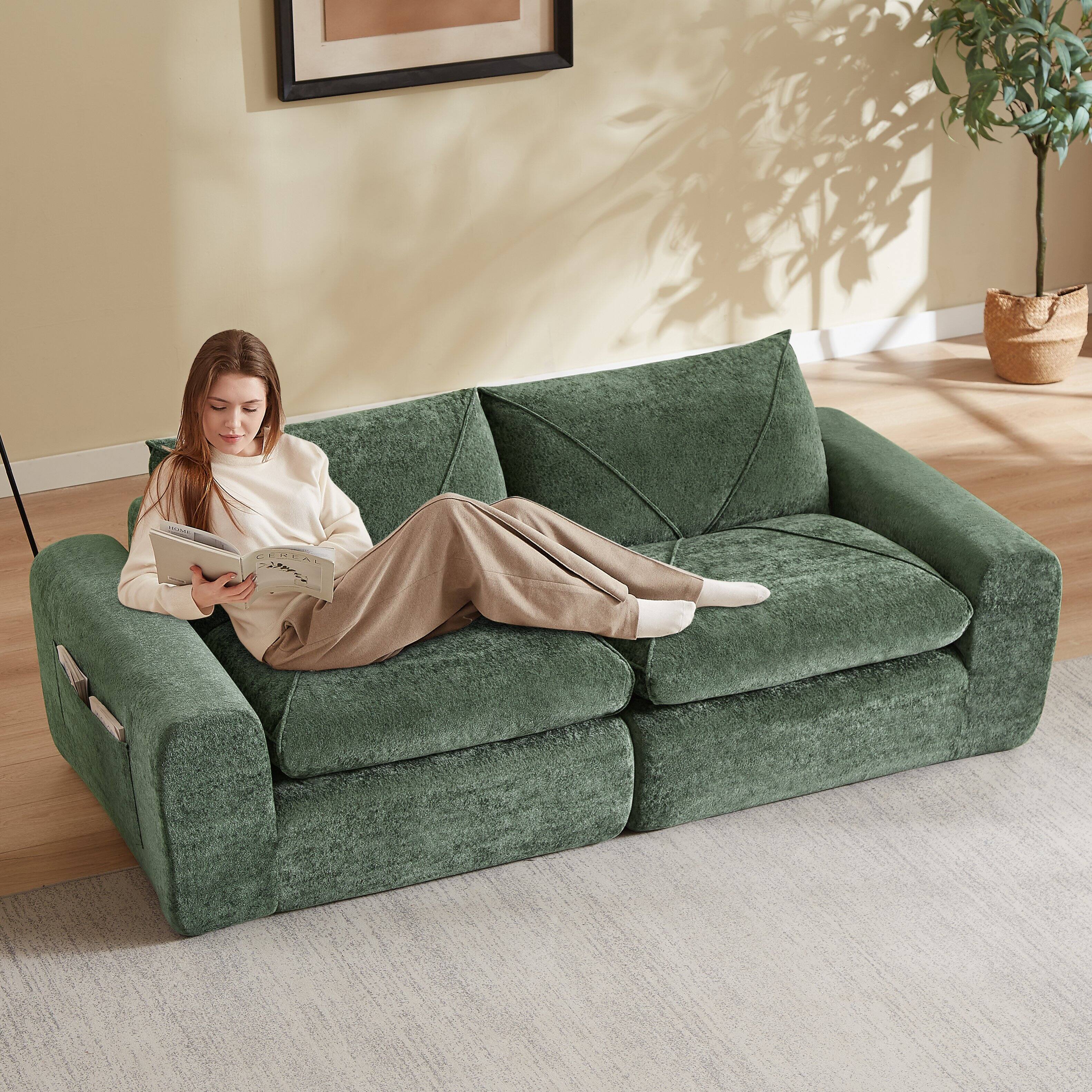 Left. Loheer - Loheer 85 Inch Beige Chenille Sectional Sofa Modern Minimalist Modular Couch with Ottoman for Living Room - Green.