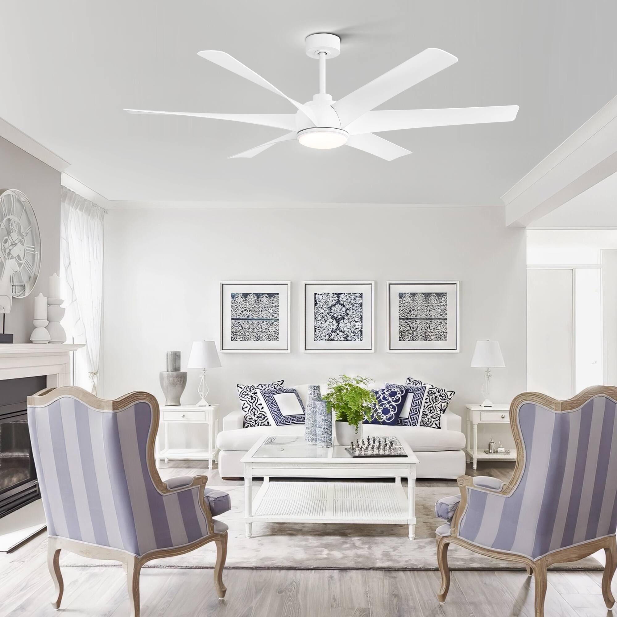 Alt View 4. Breezary - 65" Large Indoor Ceiling Fan with Remote Control, 6 ABS Blades, 6-Speed DC Motor, 7"/12" Downrods, Light/No Light Option - Matte White (With Light).