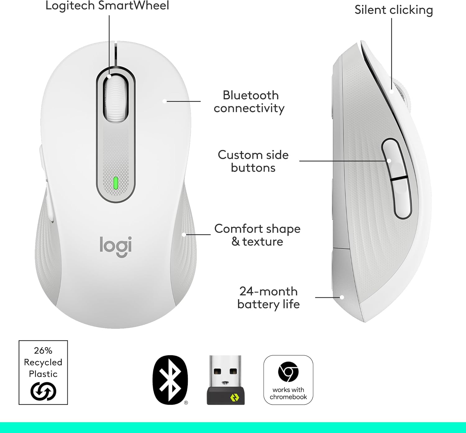 Logitech SmartWheel

- Bluetooth connectivity
- Custom side buttons
- Comfort shape & texture
- 24-month battery life
- Silent clicking

26% Recycled Plastic

Works with Chromebook