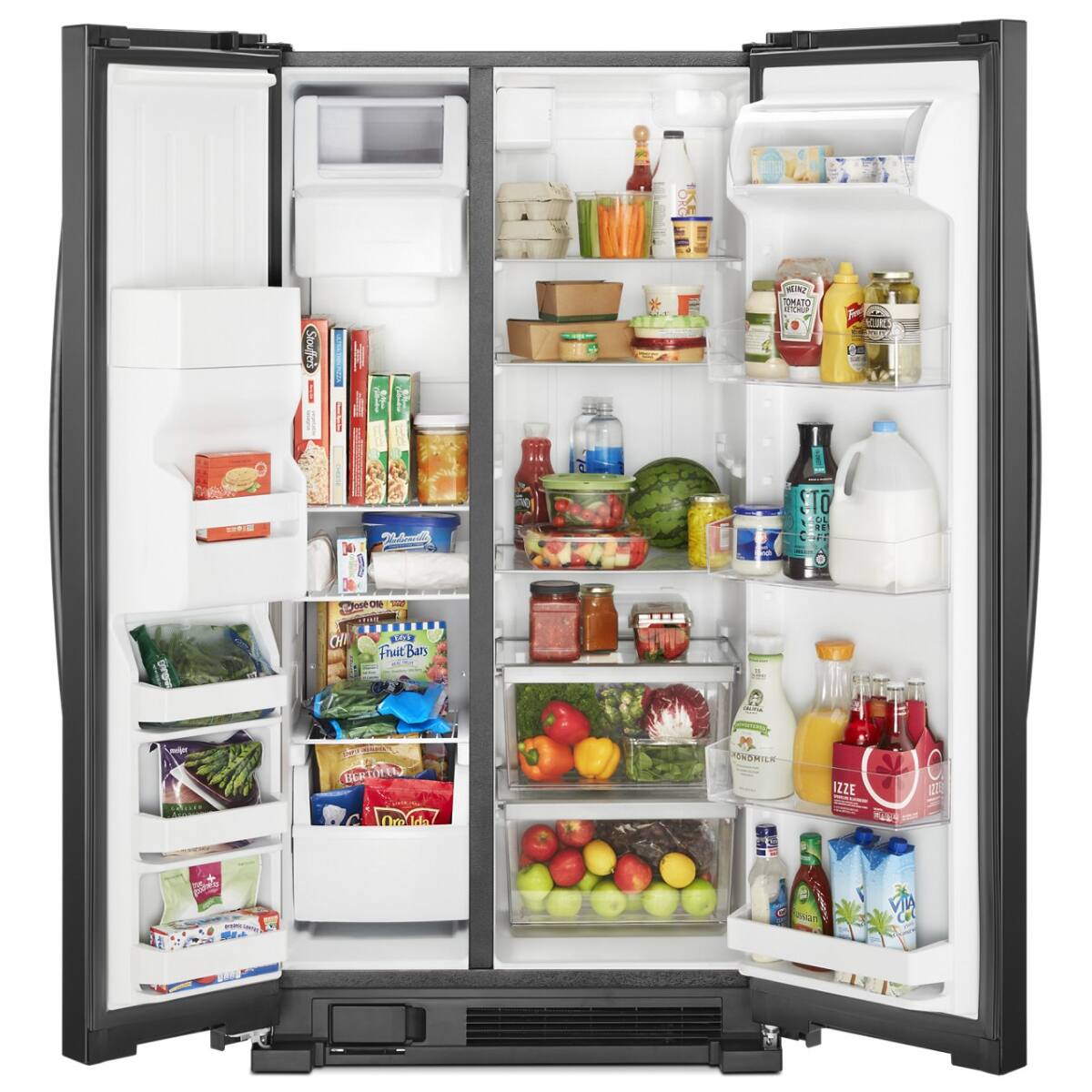 Sure, here is the corrected and grouped text from the image:
**Left Door:**
- Stoffer ER TOMATO
- For C T CTE 3e 2m 1 T DL C De de
- ... T..... OFl 3 Fruit Bats
- BLTO INDRICK IZZE
- 0r Ida
- un Y
**Right Door:**
- TOMATO KETCHUP
- Fruit Bars
- INDRICK
- IZZE
**Inside the Refrigerator:**
- Various food items and beverages are visible, but no additional text is discernible.