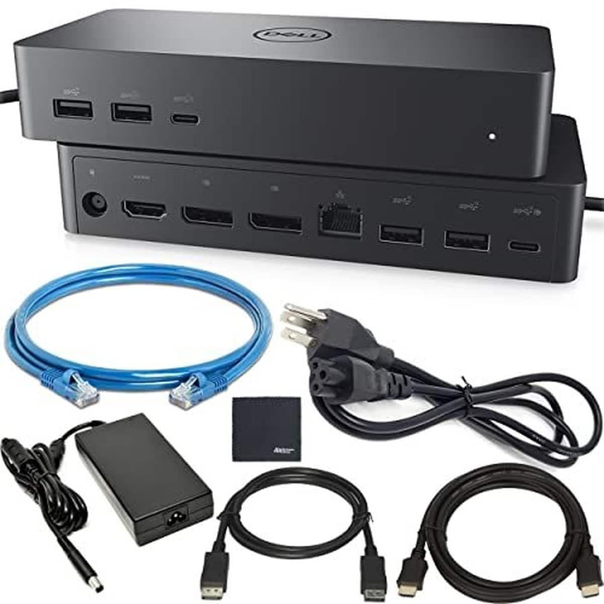 Front. Dell - Universal USB-C Docking Station UD22 with HDMI DisplayPort Ethernet Cables Bundle - Black (Black).