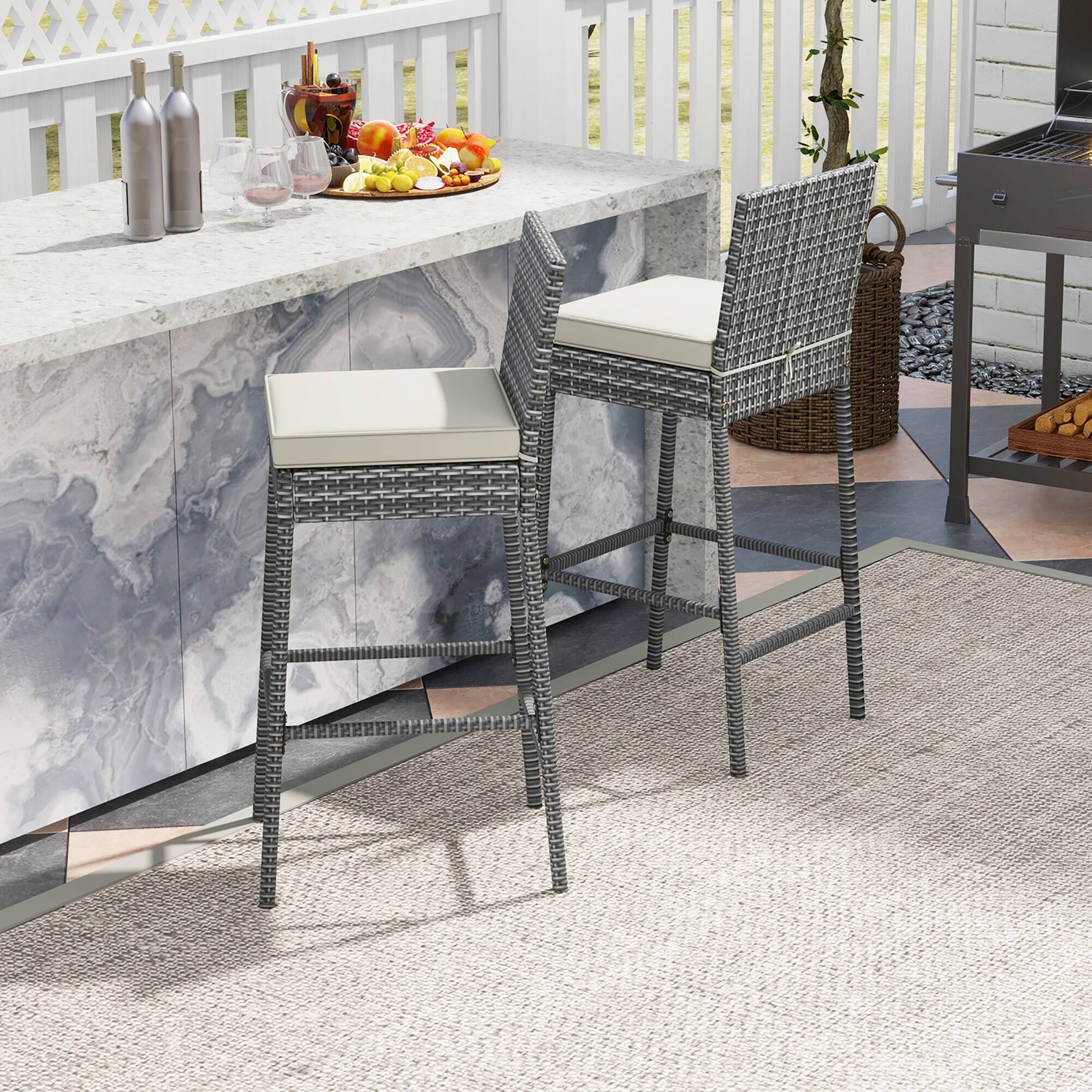 Alt View 3. Gymax - Gymax 2 PCS Patio Wicker Barstools Bar Height Chairs W/ Cushions Backyard Off White - Gray.