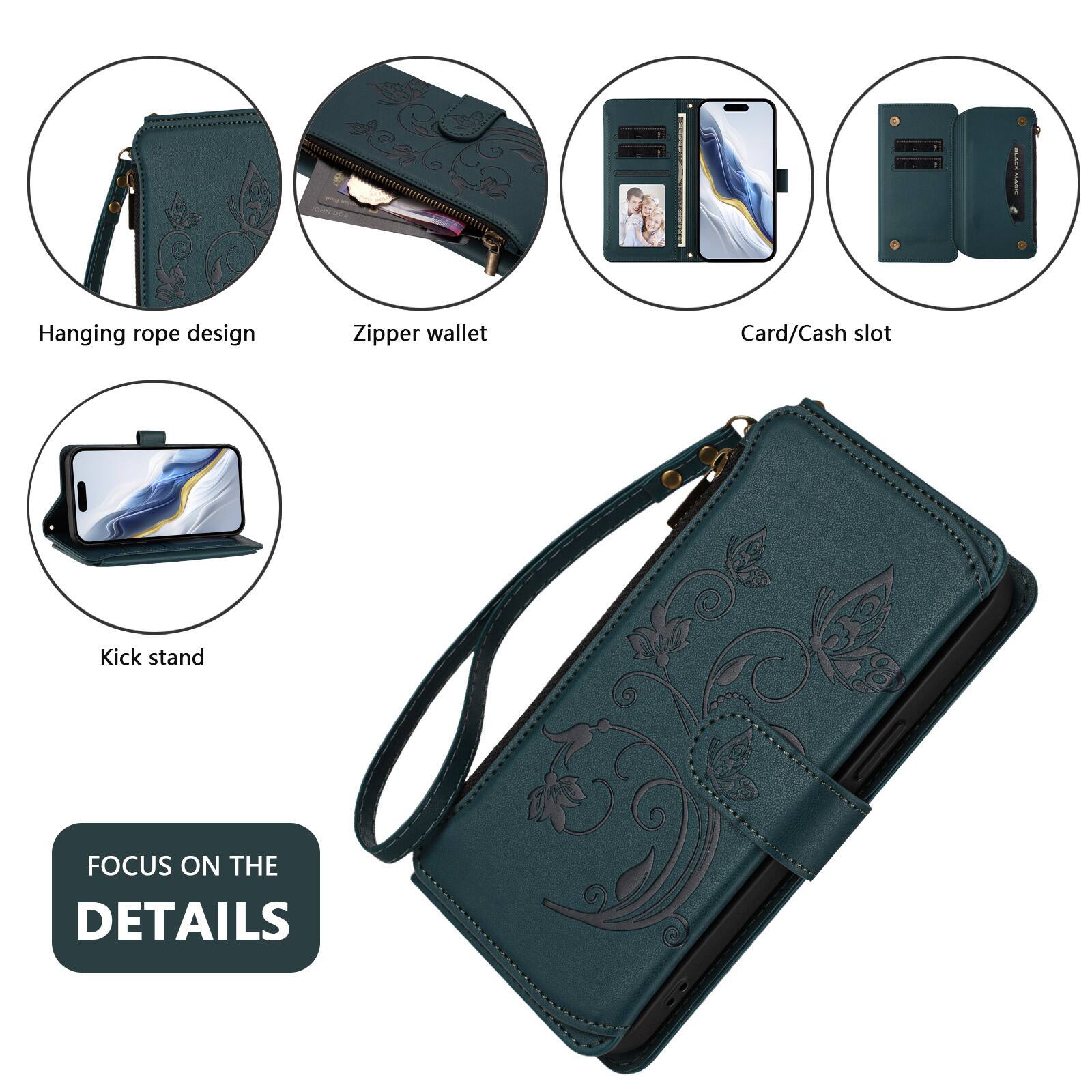 Hanging rope design  
Zipper wallet  
Card/Cash slot  
Kick stand  
FOCUS ON THE DETAILS