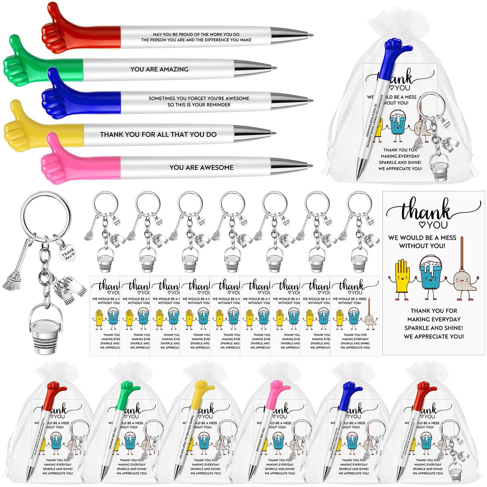 Sure, here is the corrected and grouped text from the image:

**Pens:**
1. MAY YOU BE PROUD OF THE WORK YOU DO, THE PERSON YOU ARE AND THE DIFFERENCE YOU MAKE
2. YOU ARE AMAZING
3. SOMETIMES YOU FORGET YOU'RE AWESOME SO THIS IS YOUR REMINDER
4. THANK YOU FOR ALL THAT YOU DO
5. YOU ARE AWESOME

**Keychains:**
1. thank YOU
   WE WOULD BE A MESS WITHOUT YOU!
   THANK YOU FOR MAKING EVERYDAY SPARKLE AND SHINE!
   WE APPRECIATE YOU!

**Reusable Bags:**
1. thank YOU
   WE WOULD BE A MESS WITHOUT YOU!
   THANK YOU FOR MAKING EVERYDAY SPARKLE AND SHINE!
   WE APPRECIATE YOU!

**Reusable Straws:**
1. thank YOU
   WE WOULD BE A MESS WITHOUT YOU!
   THANK YOU FOR MAKING EVERYDAY SPARKLE AND SHINE!
   WE APPRECIATE YOU!