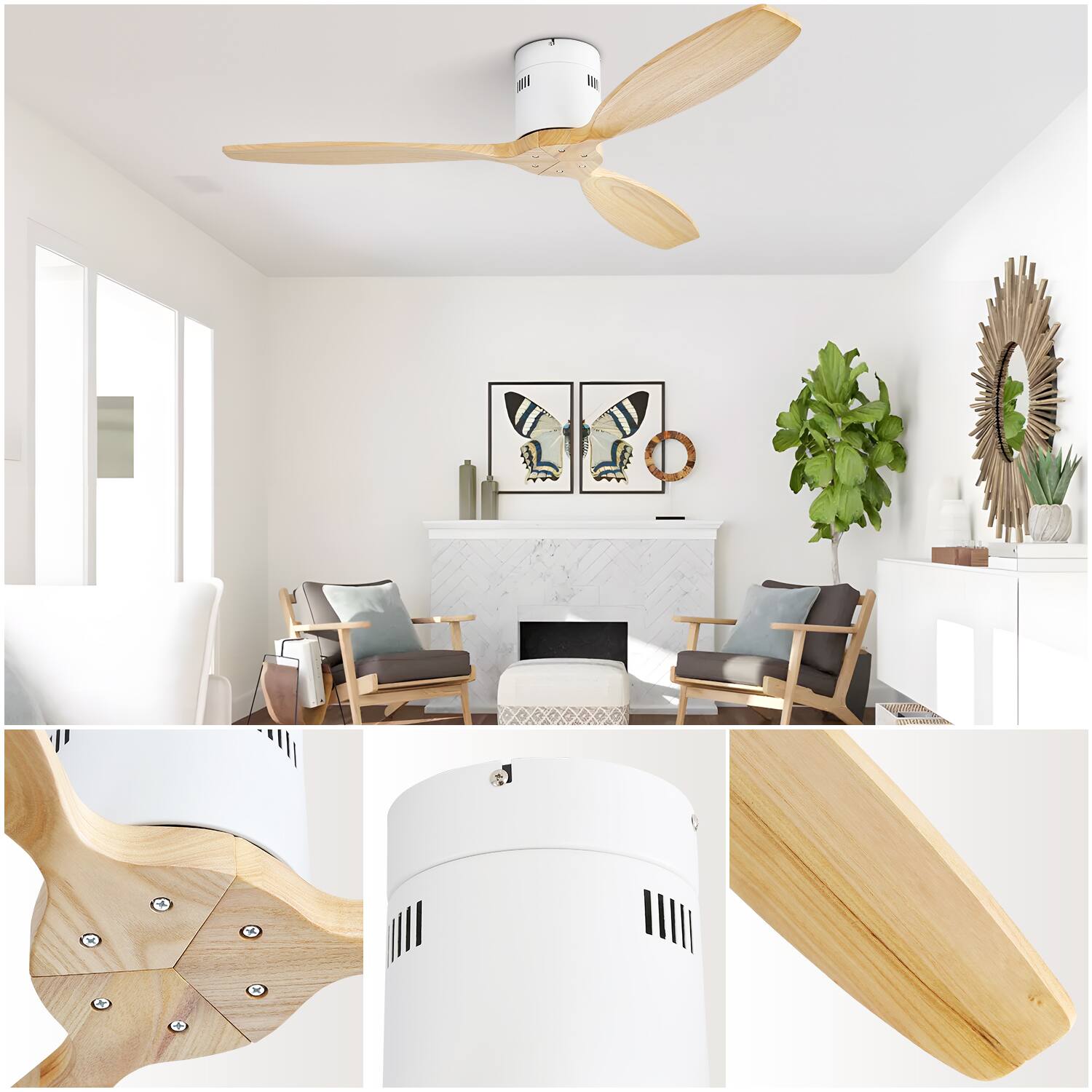Back. Sofucor - 52'' Flush Mount Ceiling Fan without Lights Remote Control Wood Blades Reversible DC Modern Ceiling Fan Indoor Outdoor - White-Burlywood.