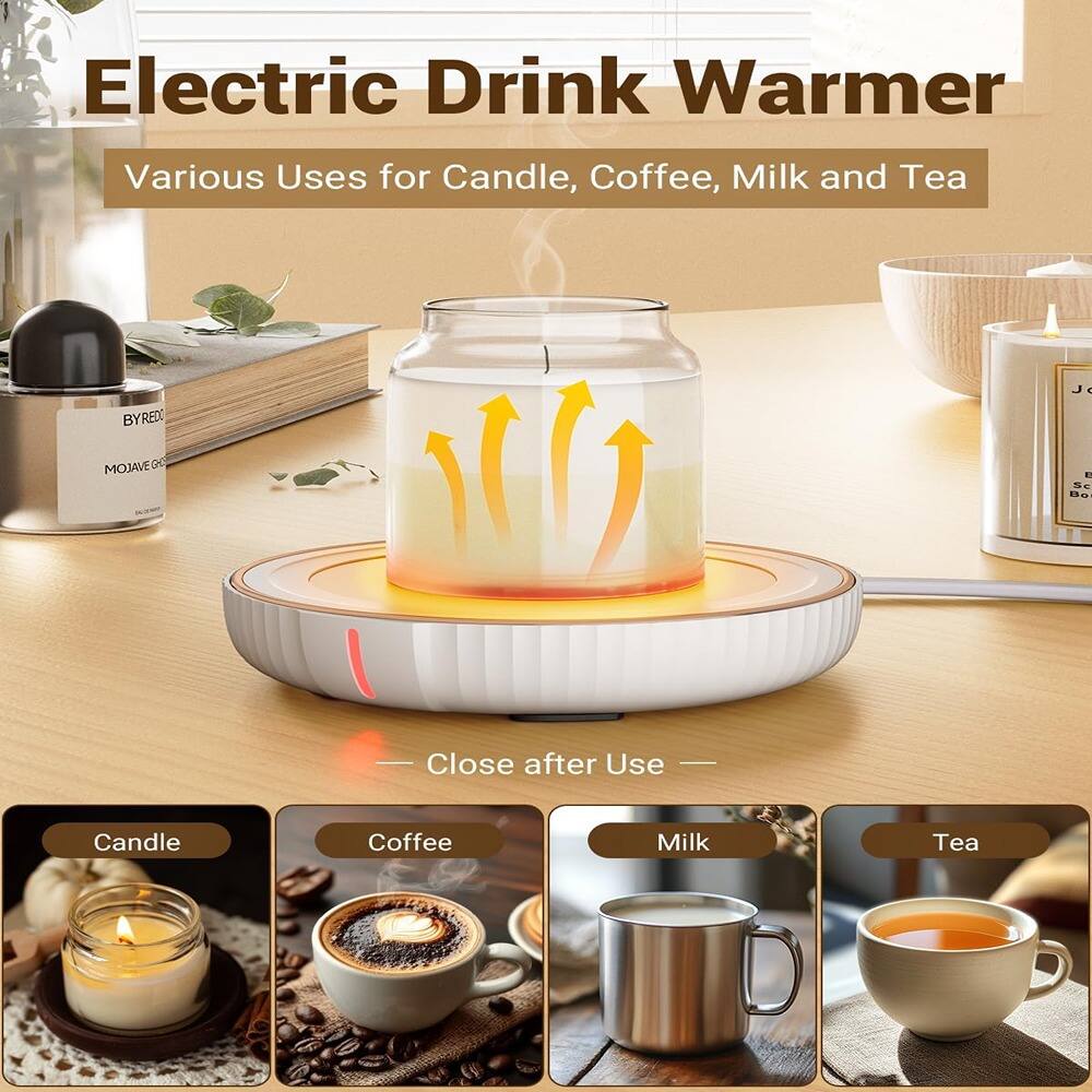 Electric Drink Warmer  
Various Uses for Candle, Coffee, Milk and Tea  

Close after Use  

Candle  
Coffee  
Milk  
Tea