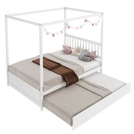 Gymax - Full Size Canopy Bed with Trundle Wooden Platform Bed Frame Headboard - White