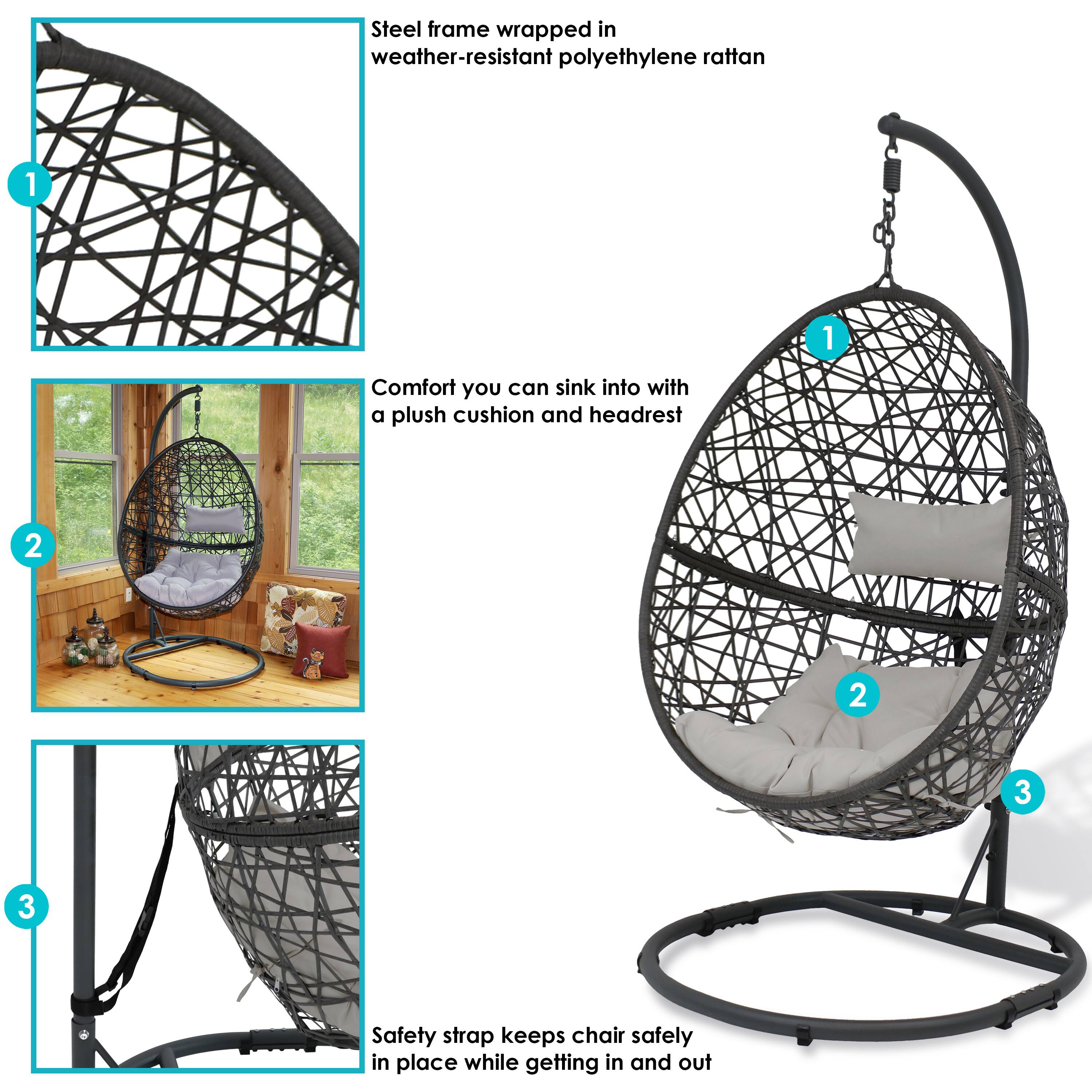 1. Steel frame wrapped in weather-resistant polyethylene rattan

2. Comfort you can sink into with a plush cushion and headrest

3. Safety strap keeps chair safely in place while getting in and out