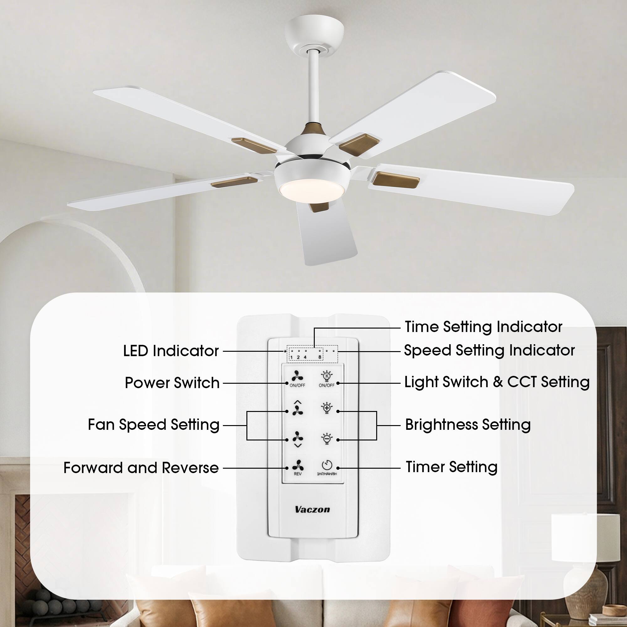 LED Indicator  
Time Setting Indicator  
Speed Setting Indicator  
Power Switch ON/OFF  
Light Switch & CCT Setting  
Fan Speed Setting  
Brightness Setting  
Forward and Reverse  
Timer Setting  
Vacron