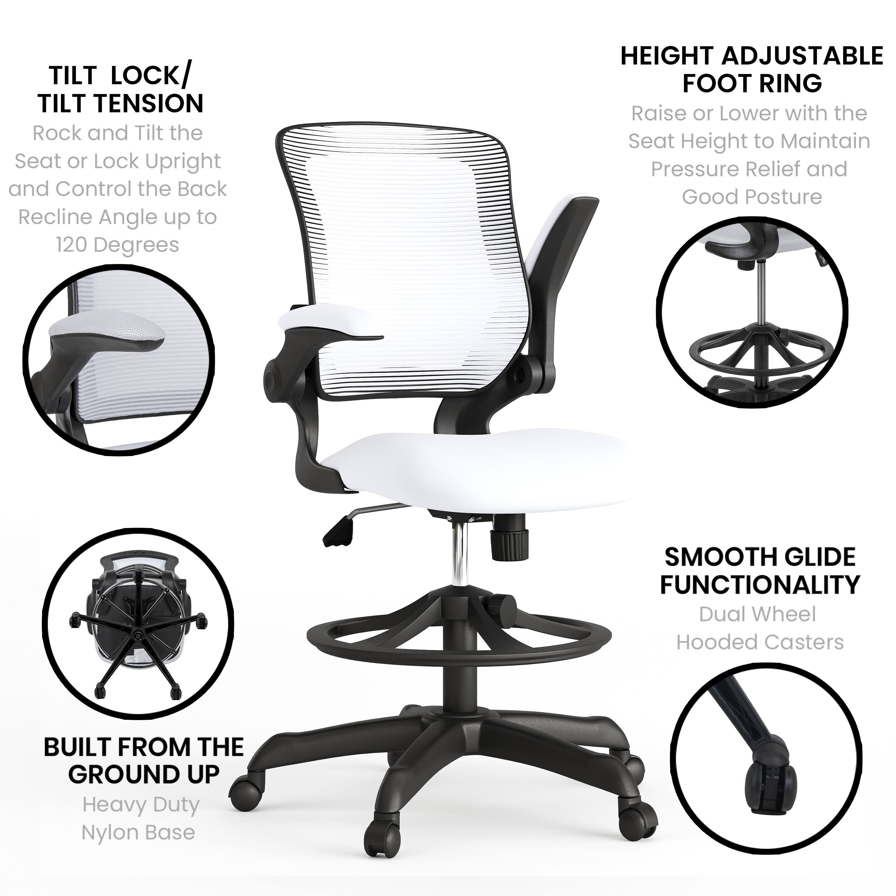- **TILT LOCK/ TILT TENSION**  
  Rock and Tilt the Seat or Lock Upright and Control the Back Recline Angle up to 120 Degrees

- **HEIGHT ADJUSTABLE FOOT RING**  
  Raise or Lower with the Seat Height to Maintain Pressure Relief and Good Posture

- **SMOOTH GLIDE FUNCTIONALITY**  
  Dual Wheel Hooded Casters

- **BUILT FROM THE GROUND UP**  
  Heavy Duty Nylon Base