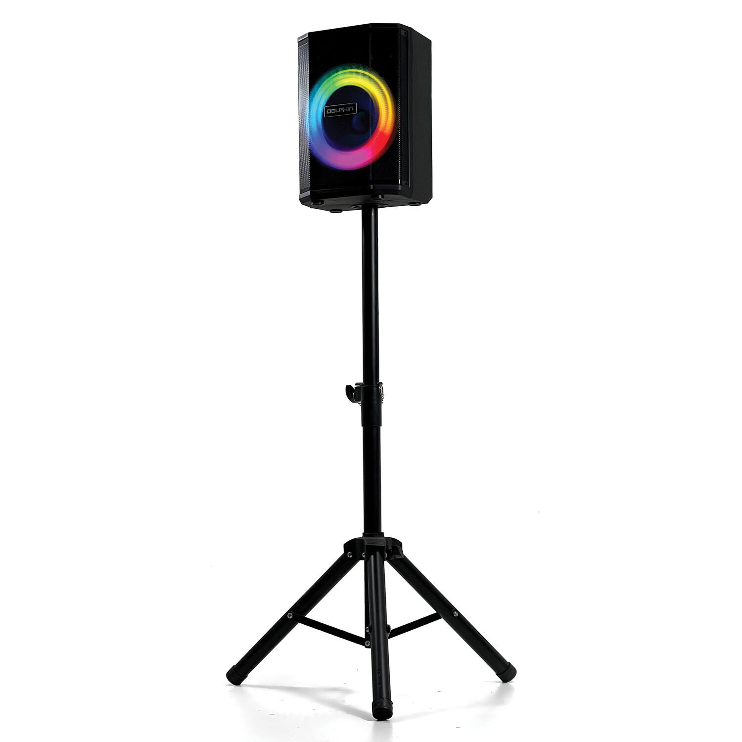 Back. Dolphin Audio - Tilt 880 Rechargeable 8" Portable Bluetooth Party Speaker, Tilt Function, LED Light Ring, Wireless Microphone, Remote - Black.