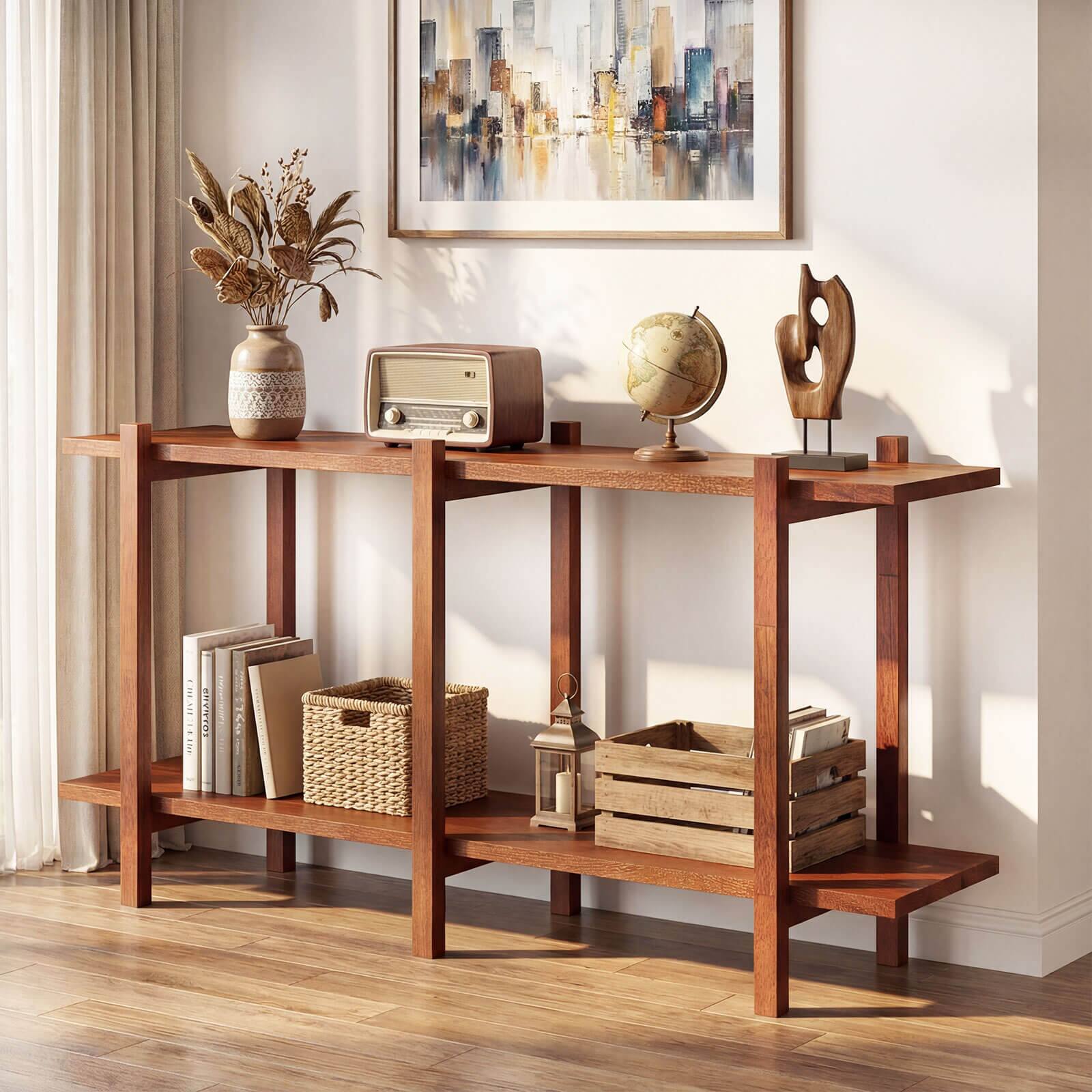 Alt View 4. Costway - Costway 2-Tier Wood Bookshelf, Low Horizontal Rubberwood Bookcase for Storage & Display - Walnut.