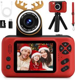 PRIMEPLUS - Kids Digital Camera with 180 Flip Lens and 2.4in Screen for Ages 3-12 with Tripod and SD Card - Red