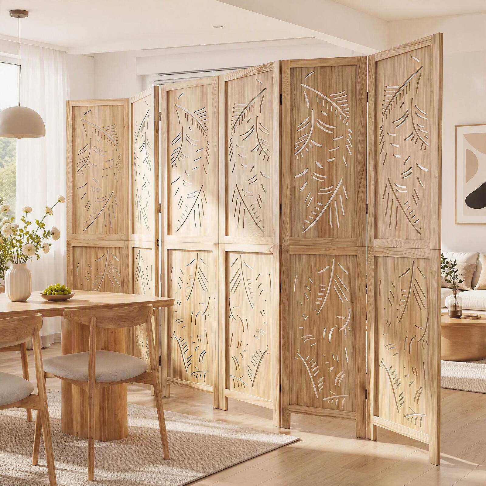 Alt View 1. Costway - Costway 6-Panel Wooden Room Divider Privacy Screen with Palm Leaf Design Panels for Home - Natural.