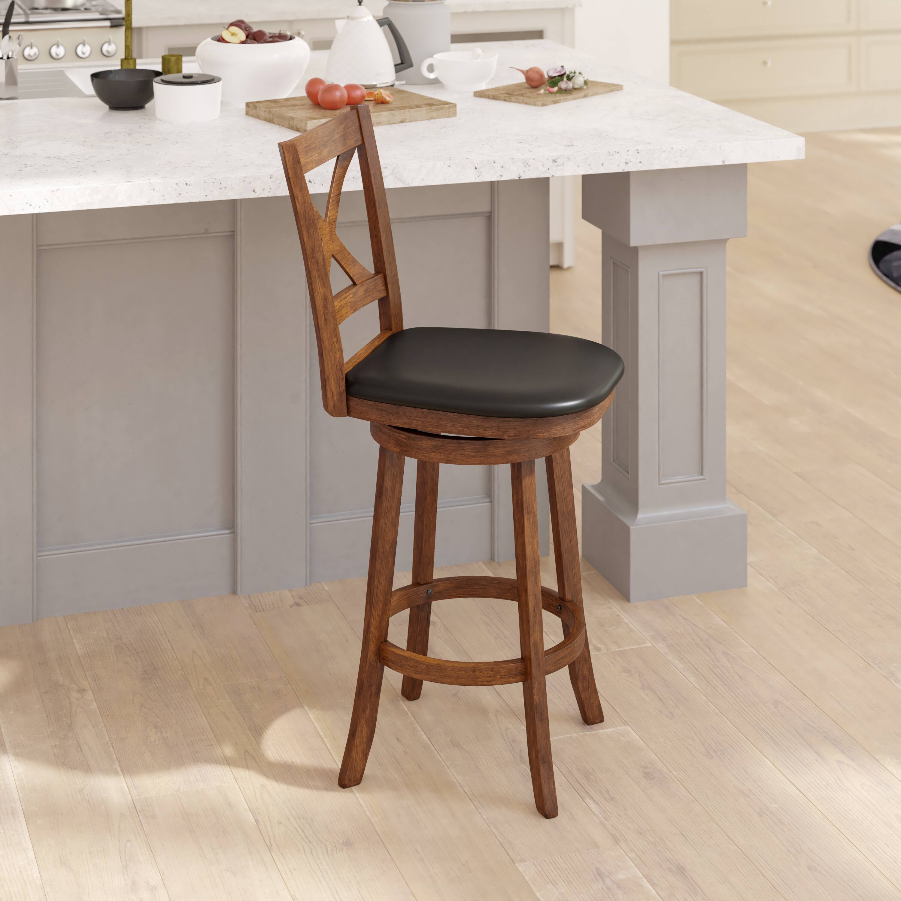 Alt View 3. Emma + Oliver - Luc Wooden Crossback Pub Style Barstool with Padded Faux Leather Swivel Seat - Black Vinyl/Antique Oak Frame.