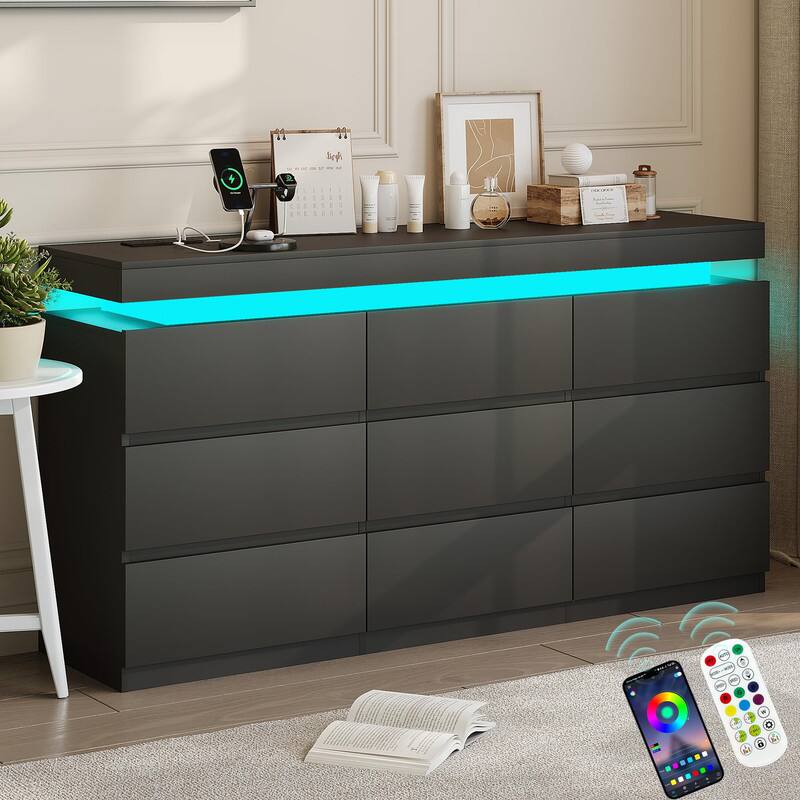 Alt View 4. Dyonery - Dyonery 9-Drawer Dresser with LED Lights and Charging Station, Modern Wide Chest of Drawers, Large Storage Cabinet - Black.