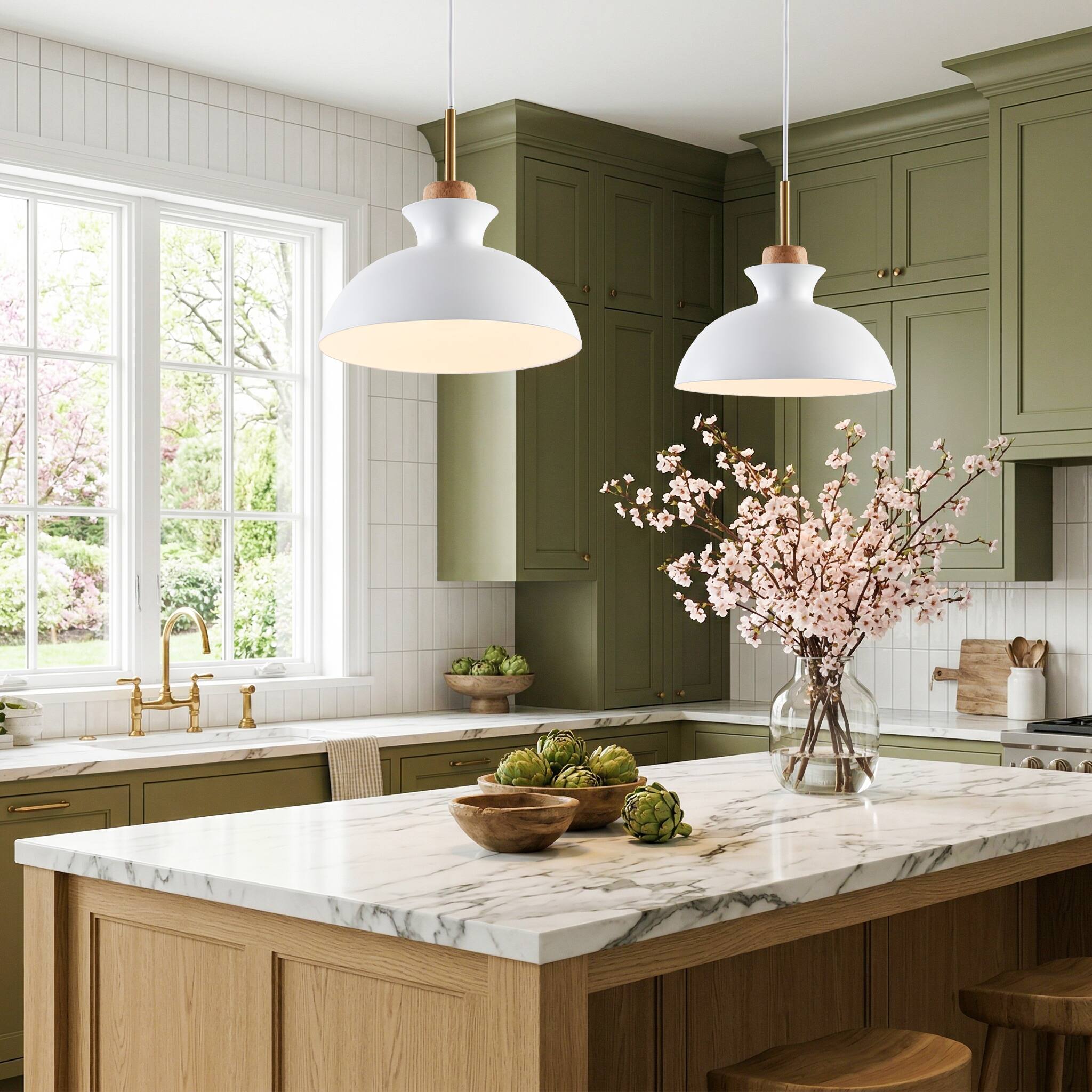 Left. Parrot Uncle - Modern 1-Light Hanging Pendant Light with Wood and Brass Accents - White.