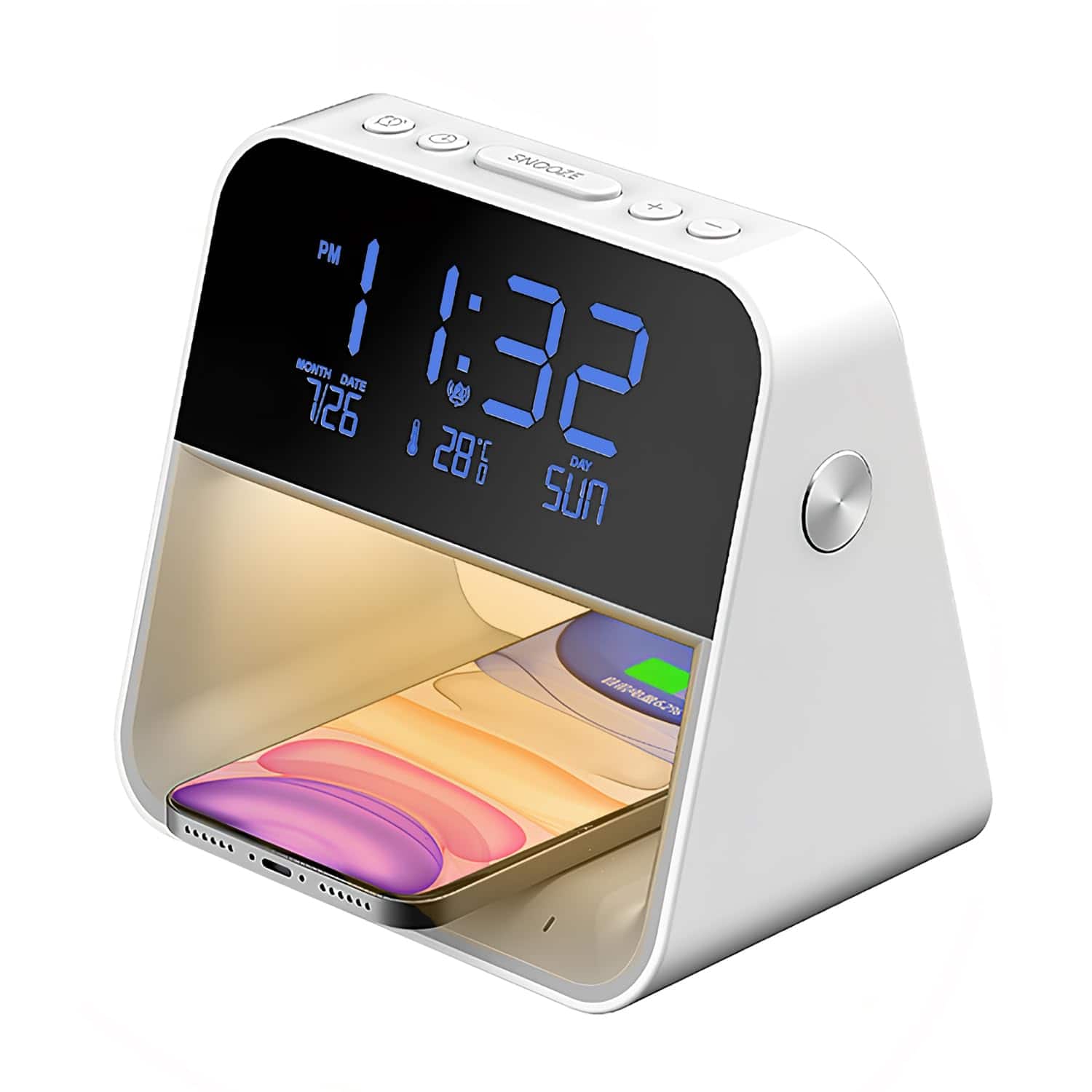 Dazzed Corner - Digital Alarm Clock with 15W Wireless Charging, Nightlight & LCD Temp Display - White