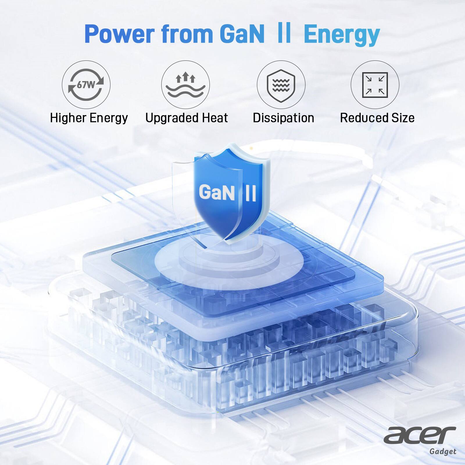 Power from GaN II Energy

- Higher Energy
- Upgraded Heat Dissipation
- Reduced Size

GaN II

acer Gadget