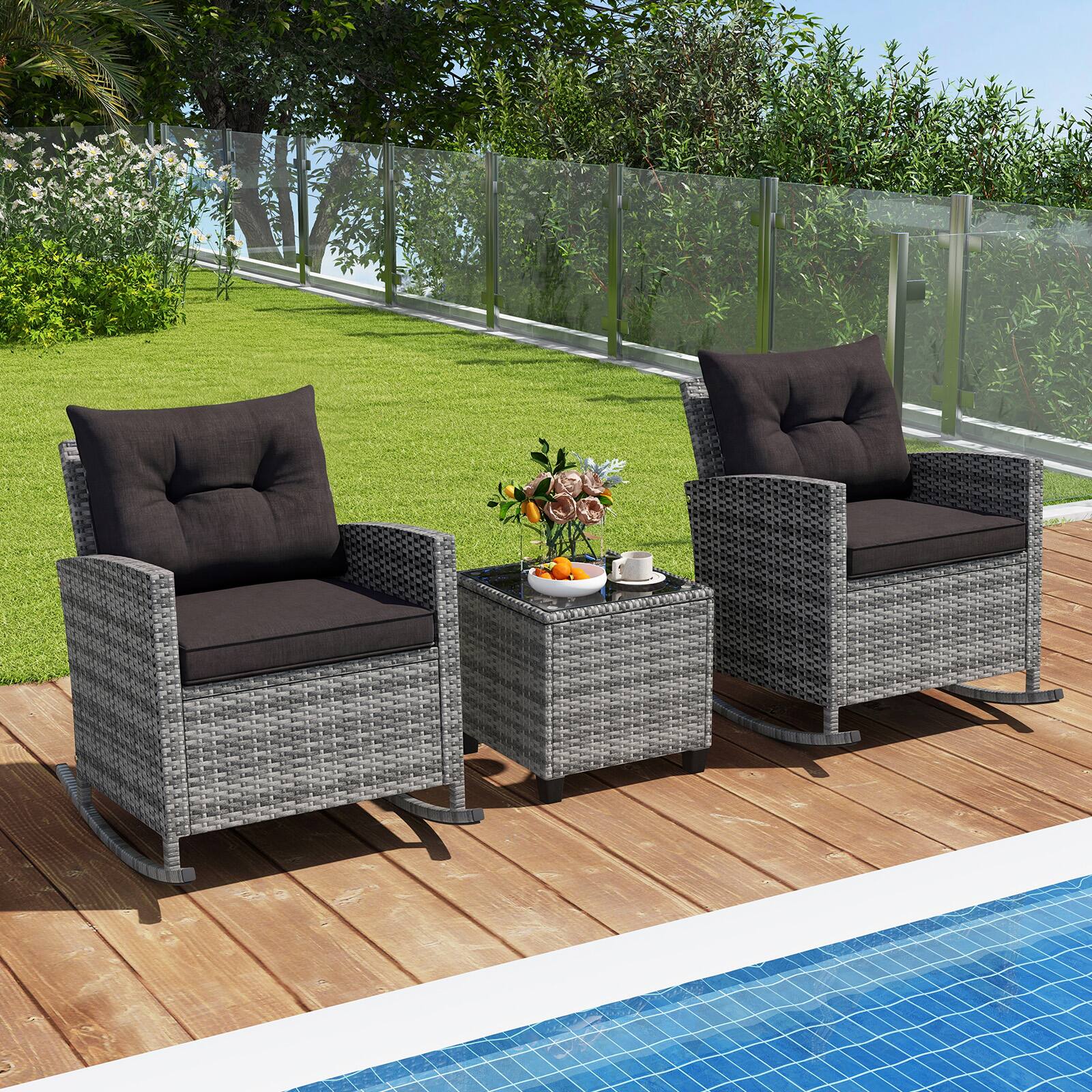 Alt View 3. Costway - Costway 3 PCS Patio Wicker Rocking Set with Tempered Glass Table & Soft Cushions Outdoor - Black, Mix Gray.
