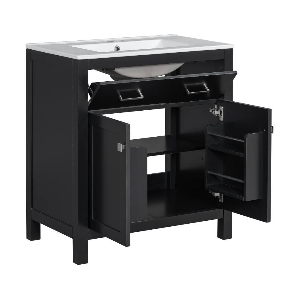 Alt View 8. Loheer - Loheer 30 Inch Black Bathroom Vanity with Ceramic Sink, Freestanding Single Sink Vanity with 2 Doors and Flip-Out Drawer - Black.