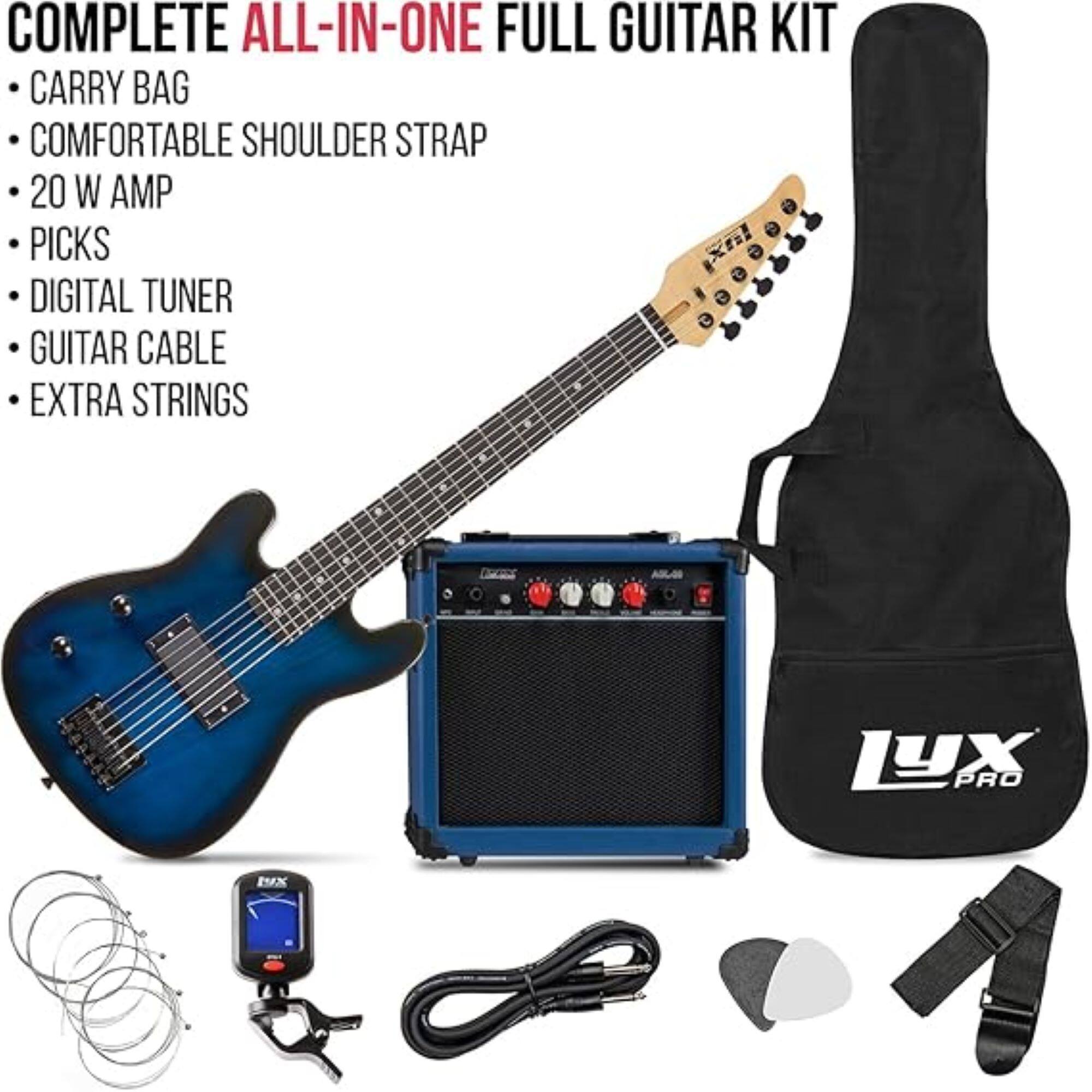 COMPLETE ALL-IN-ONE FULL GUITAR KIT
CARRY BAG
COMFORTABLE SHOULDER STRAP
20 W AMP
PICKS
DIGITAL TUNER
GUITAR CABLE
EXTRA STRINGS
LYX PRO
