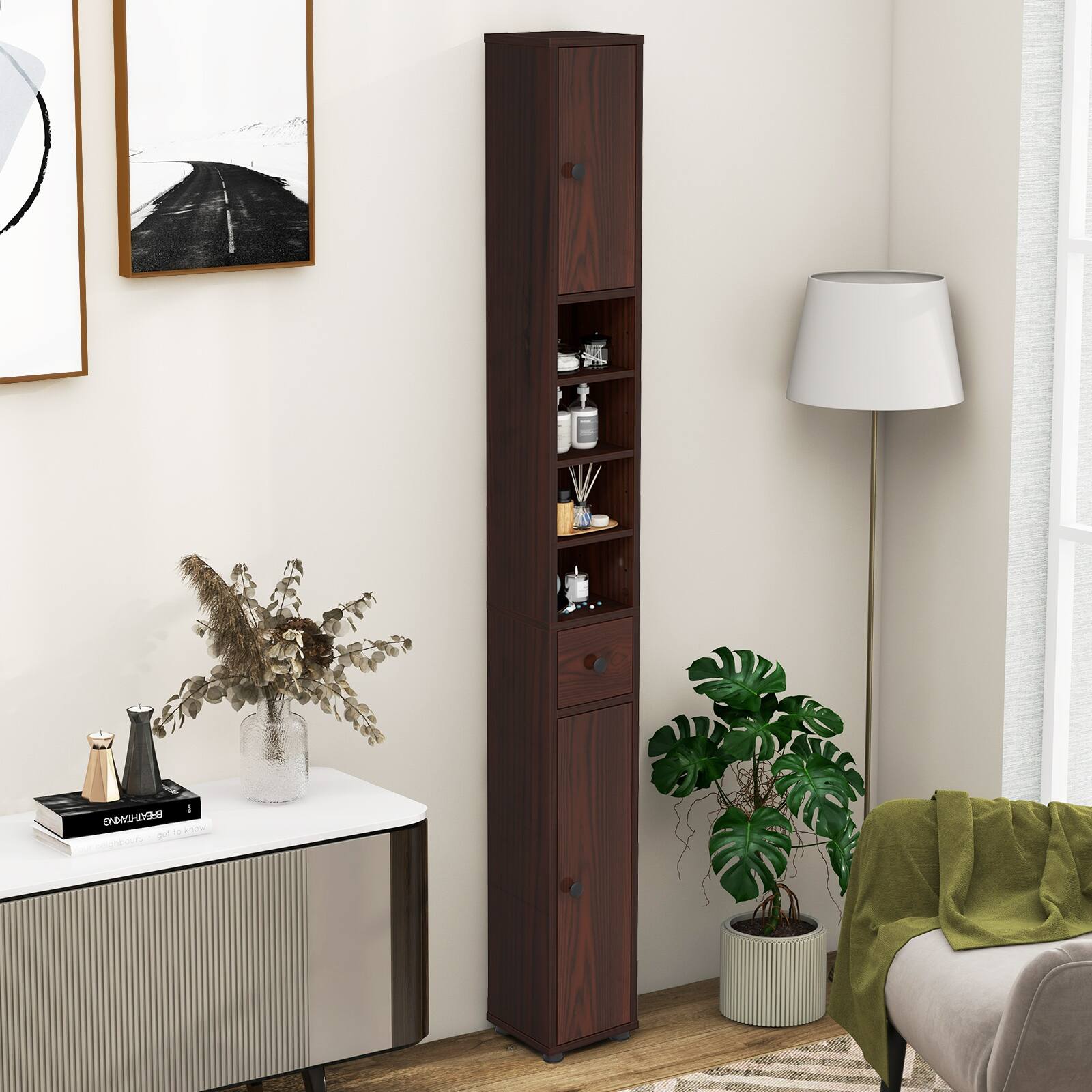 Alt View 1. Costway - Costway 71" Slim Bathroom Storage Cabinet with 2 Doors 5 Adjustable Shelves 1 Drawer - Brown.