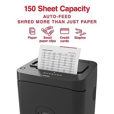 150 Sheet Capacity  
AUTO-FEED  
SHRED MORE THAN JUST PAPER  

Paper  
Small paper clips  
Credit cards  
Staples  

CONFIDENTIAL