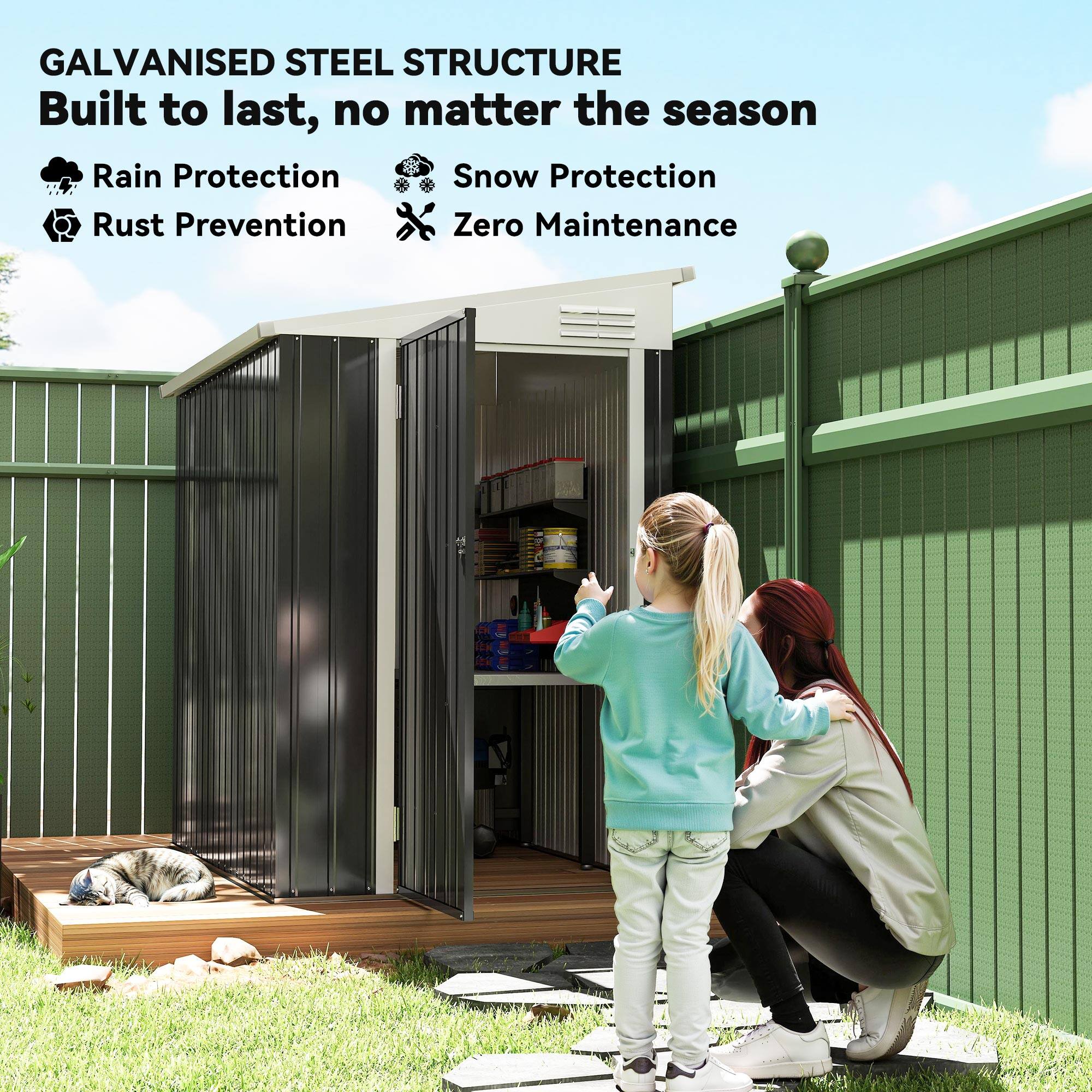GALVANISED STEEL STRUCTURE  
Built to last, no matter the season  

- Rain Protection  
- Snow Protection  
- Rust Prevention  
- Zero Maintenance