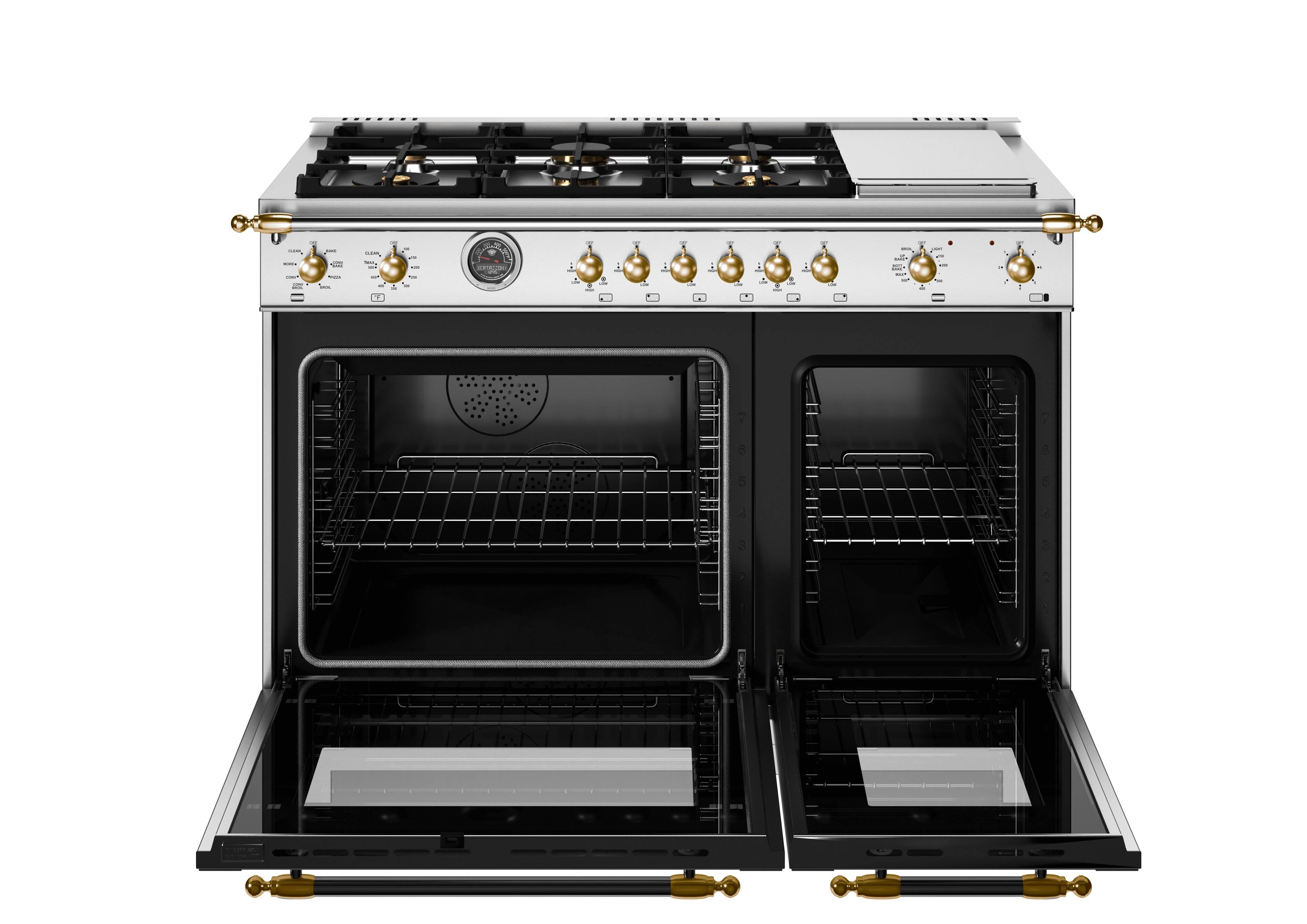 Left. Bertazzoni - 48" Heritage Series 6-Burner Freestanding Dual Fuel Range - Stainless Steel/Gold - Stainless Steel.